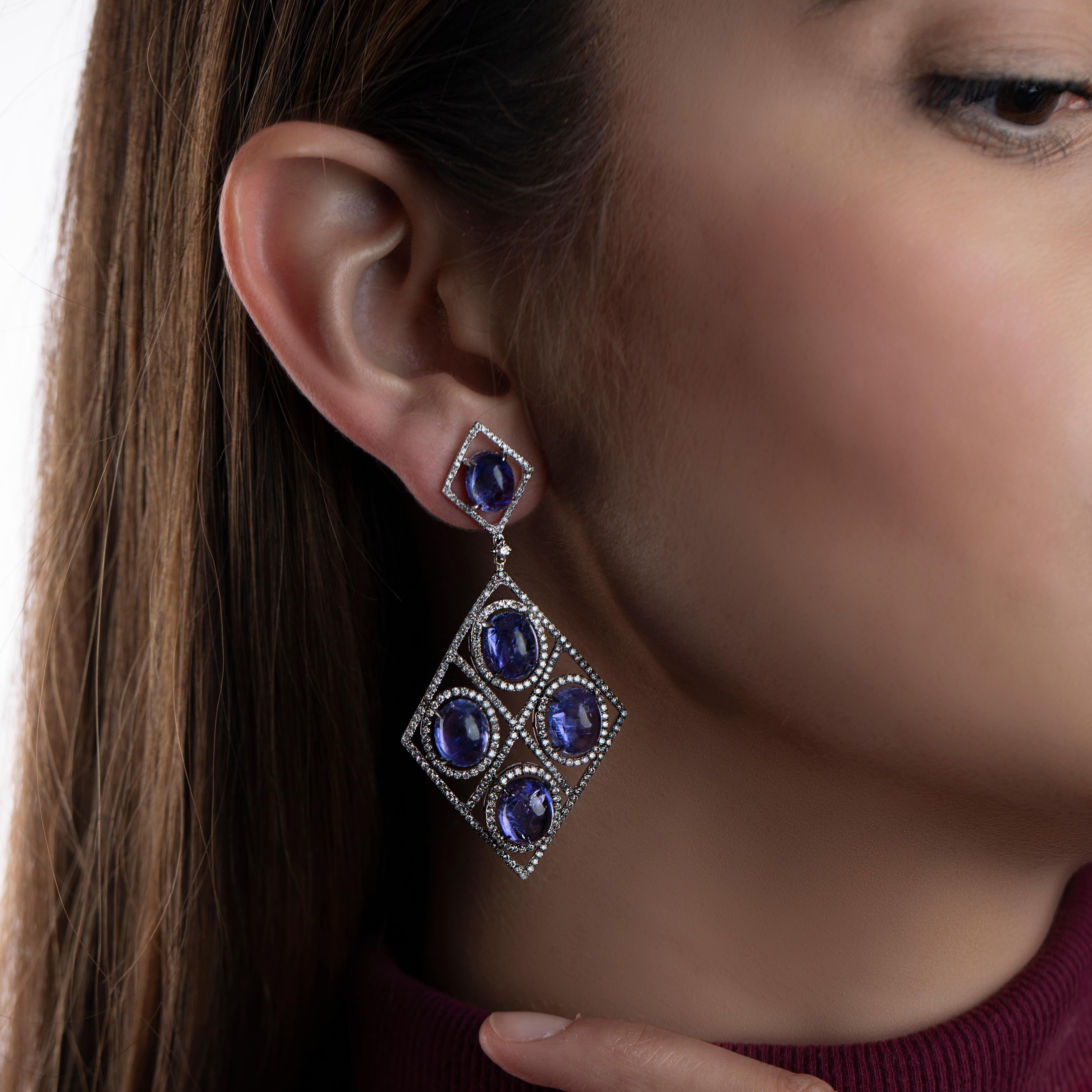 Contemporary Nigaam 40.02 Cts. Tanzanite & 3.86 Ct Diamond Shaped Dangle Earrings in 18K Gold