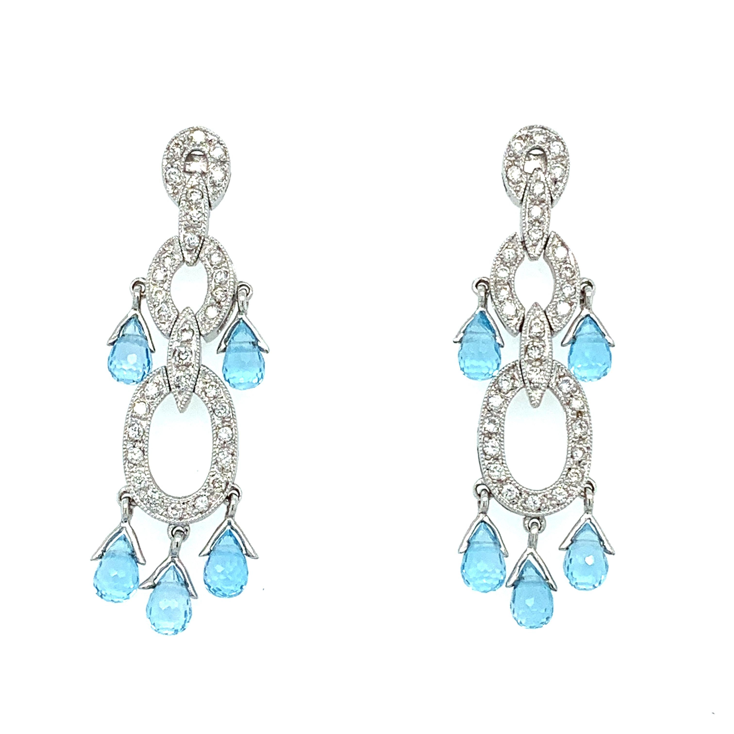 Briolette Cut 4.00ct Aquamarine briolette and diamonds drop dangle earrings 18ct white gold For Sale