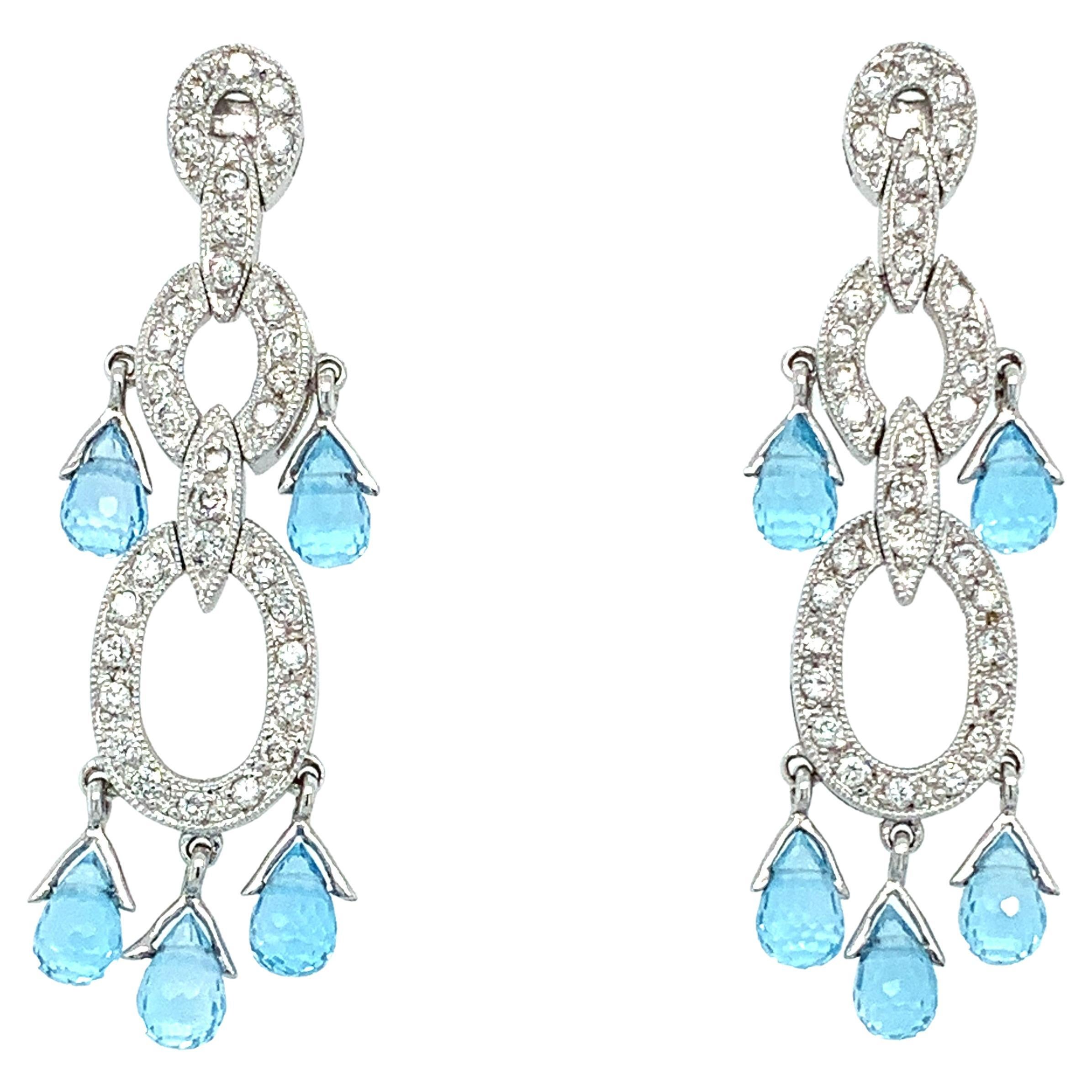4.00ct Aquamarine briolette and diamonds drop dangle earrings 18ct white gold For Sale