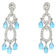 4.00ct Aquamarine briolette and diamonds drop dangle earrings 18ct white gold