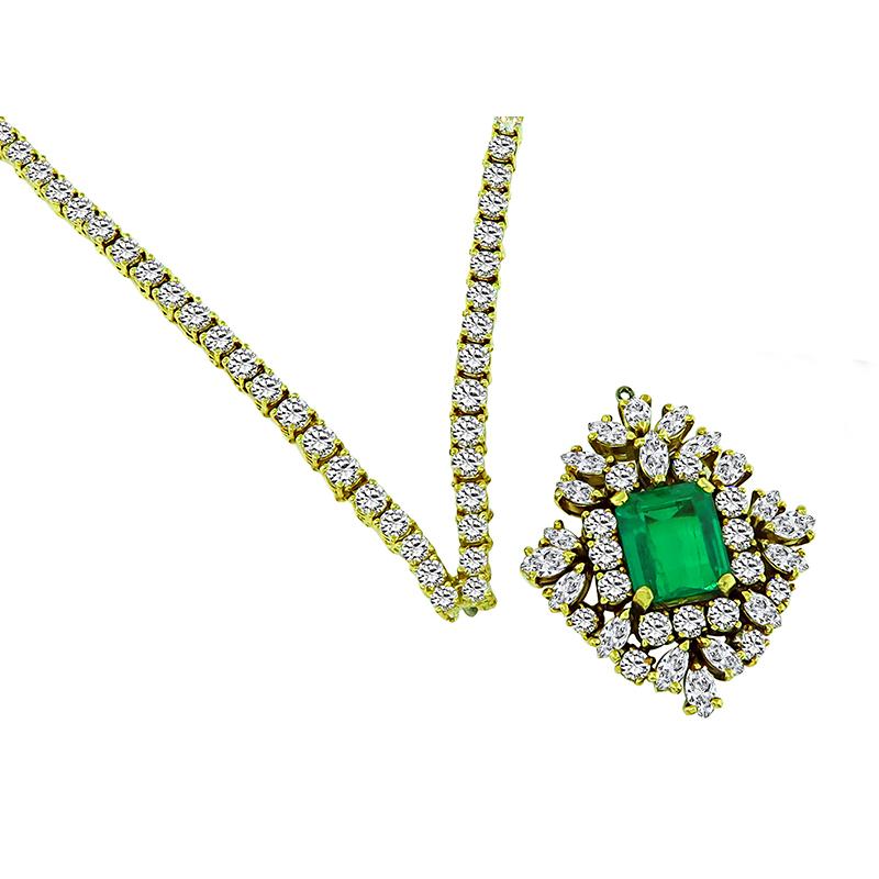 Emerald Cut 4.00 Carat Colombian Emerald 15.00 Carat Diamond Pendant Necklace For Sale