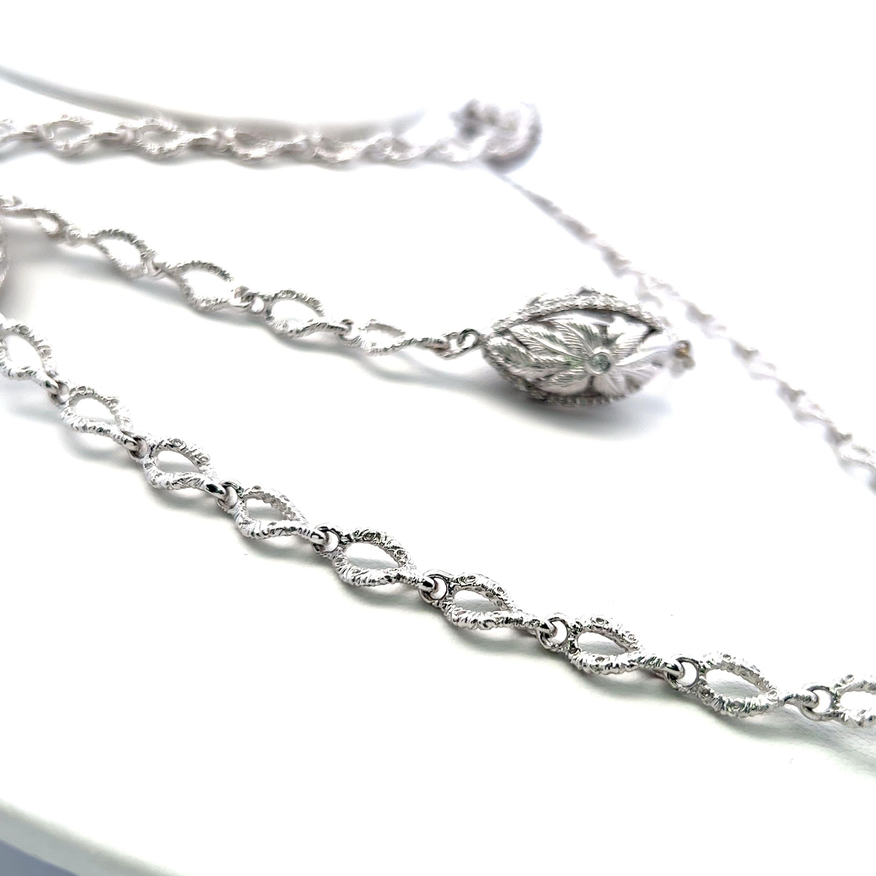 4.00ct H-VS1 Diamond 18K White Gold Vintage Textured Leaf Motif Link Necklace For Sale 1
