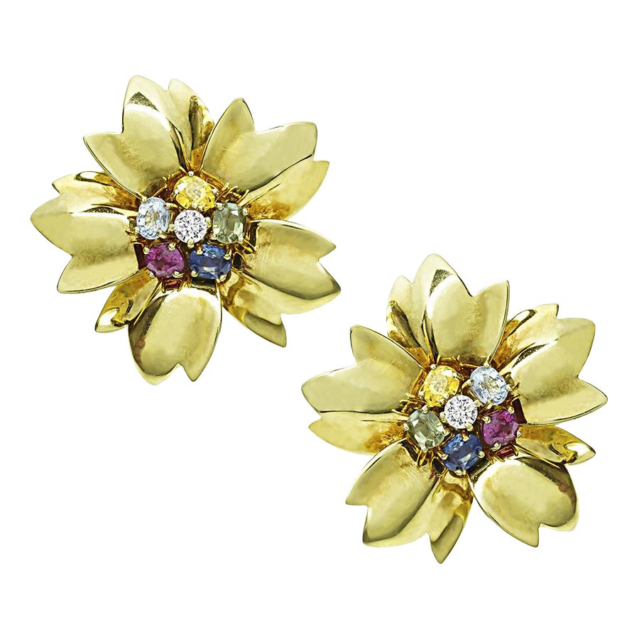 4.00ct Multi Color Sapphire Diamond Flower Earrings