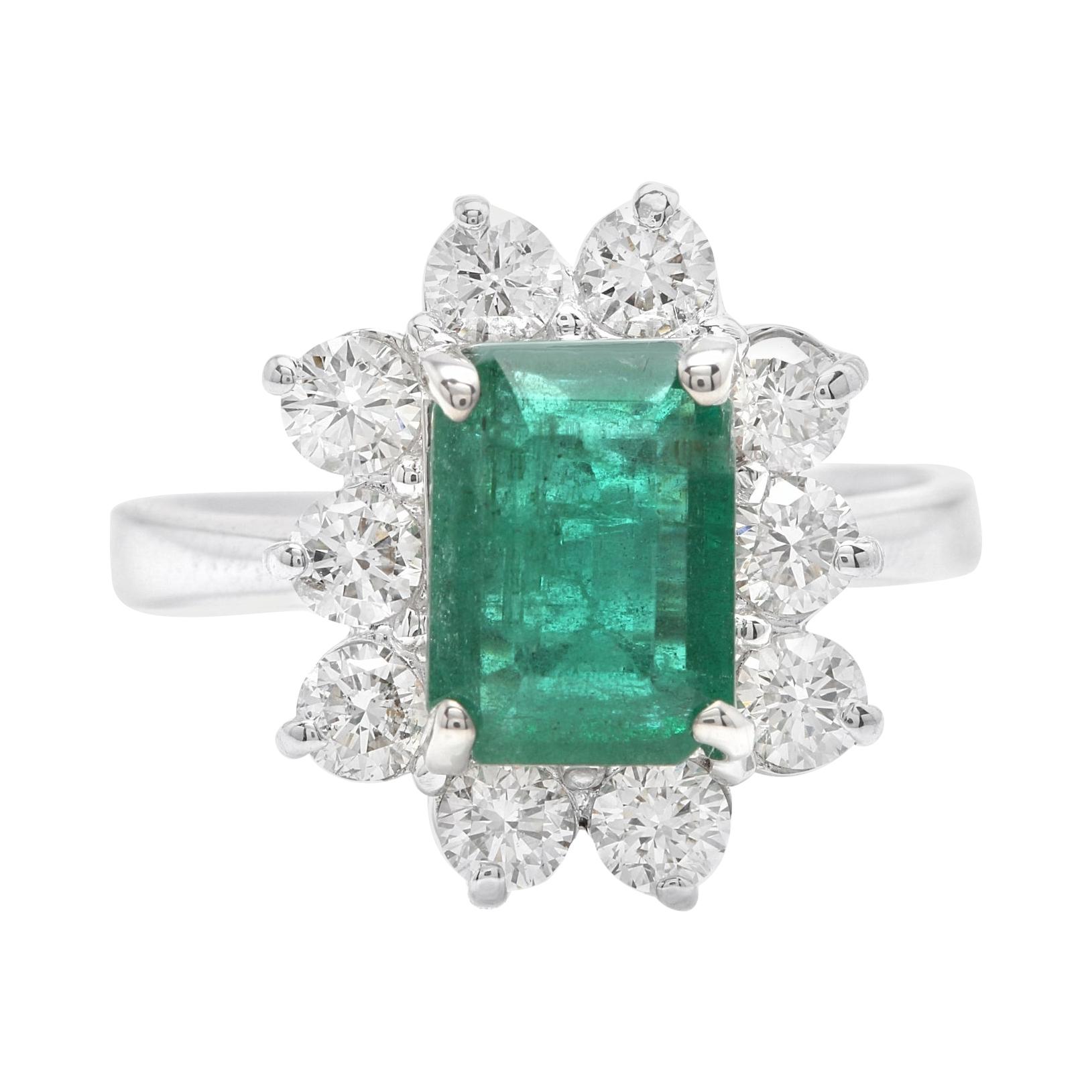 4.00ct Natural Emerald & Diamond 18k Solid White Gold Ring For Sale