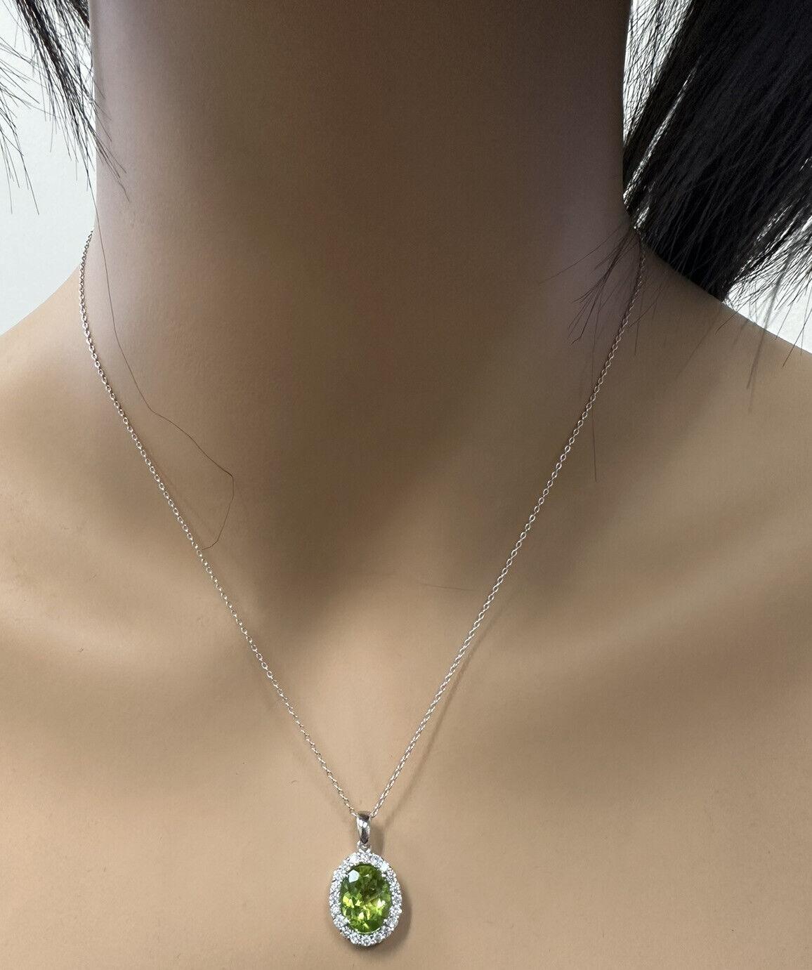 Mixed Cut 4.00Ct Natural Peridot and Diamond 14K Solid White Gold Necklace For Sale