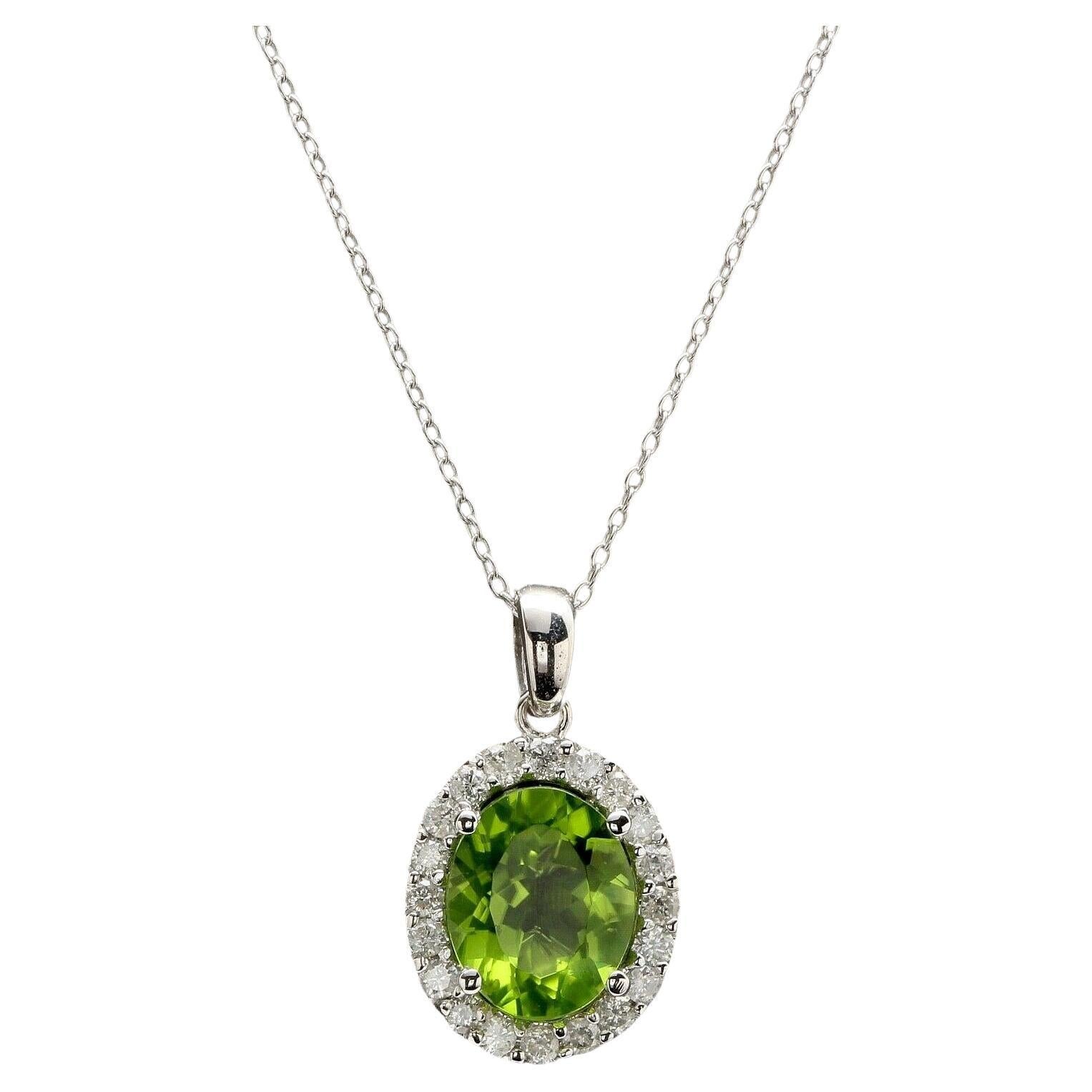 4.00Ct Natural Peridot and Diamond 14K Solid White Gold Necklace For Sale