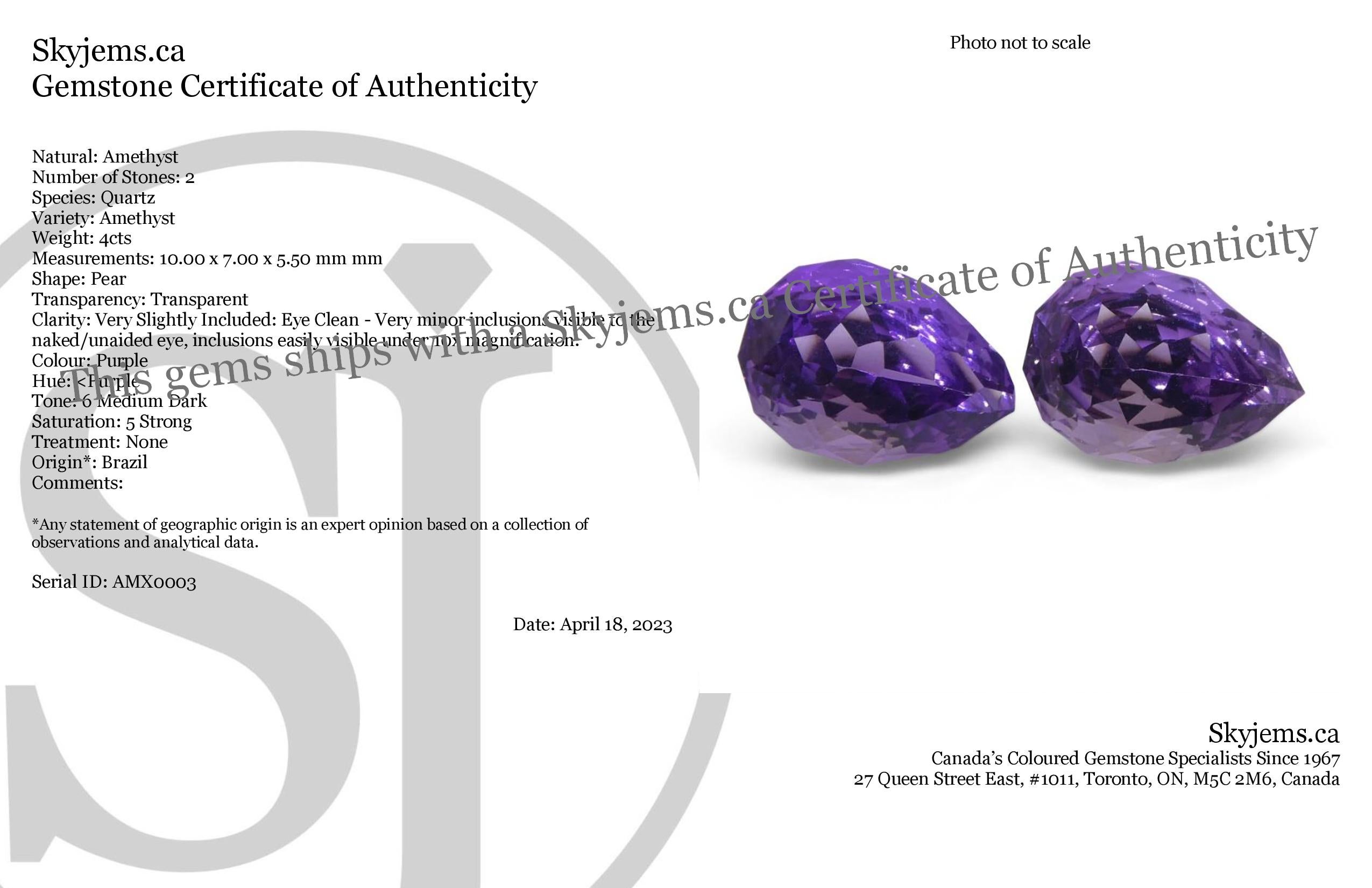 Meet Hypatia our newest fantasy cut, named after Hypatia the philosopher, astronomer and mathematician.

Description:

Gem Type: Amethyst
Number of Stones: 2
Weight: 4 cts
Measurements: 10.00 x 7.00 x 5.50 mm
Shape: Pear
Cutting Style Crown: