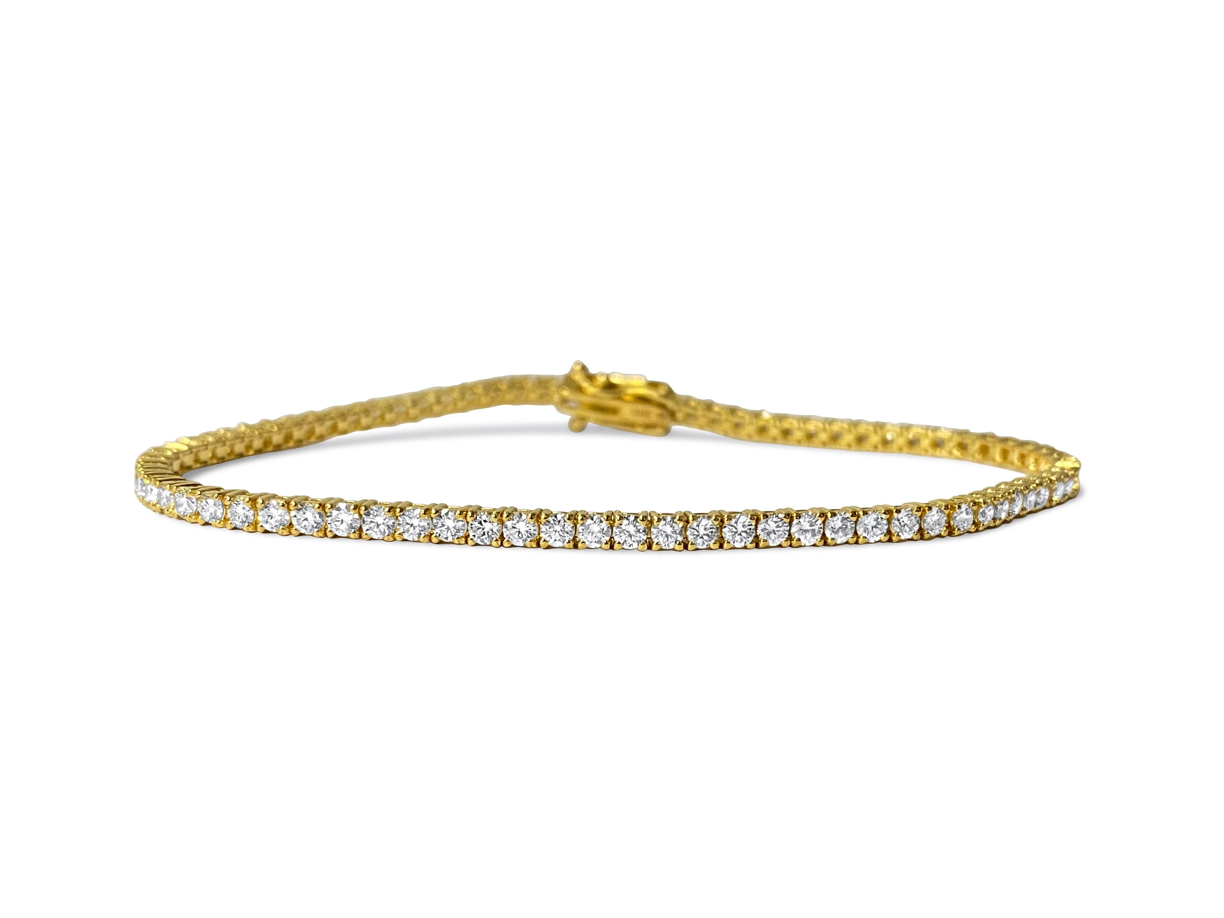 Metal: 10k yellow gold. Diamonds: 4.00 cwt. VVS clarity and H color. 100% natural earth mined diamonds. Round brilliant cut diamonds set in prongs. Gorgeous unisex diamond tennis bracelet. Top of the line quality and finish. Certification available