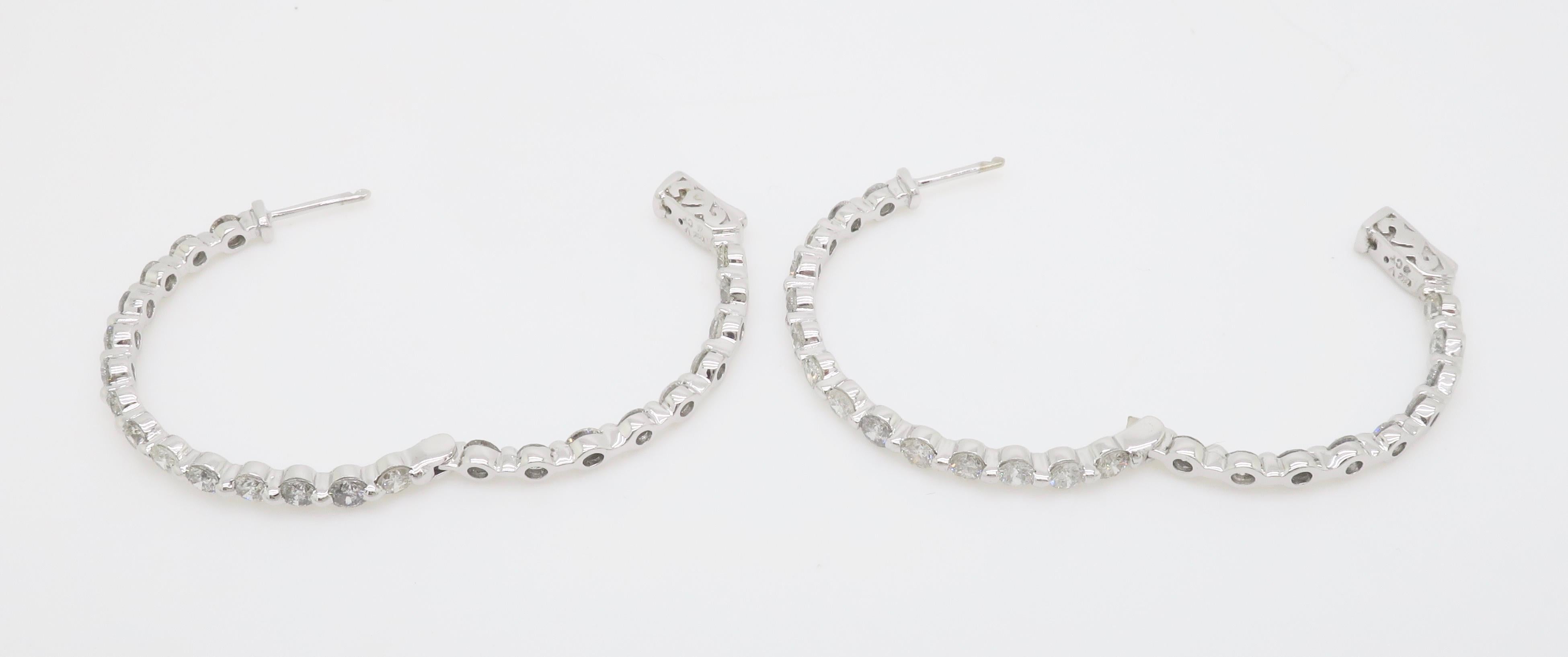 Round Cut 4.00CTW Inside Out Diamond Hoop Earrings in 14k White Gold For Sale