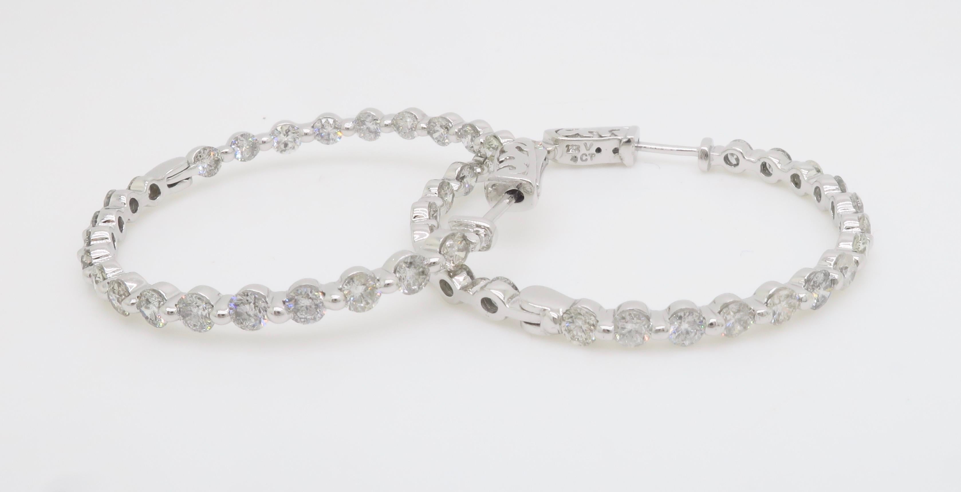 4.00CTW Inside Out Diamond Hoop Earrings in 14k White Gold In New Condition For Sale In Webster, NY