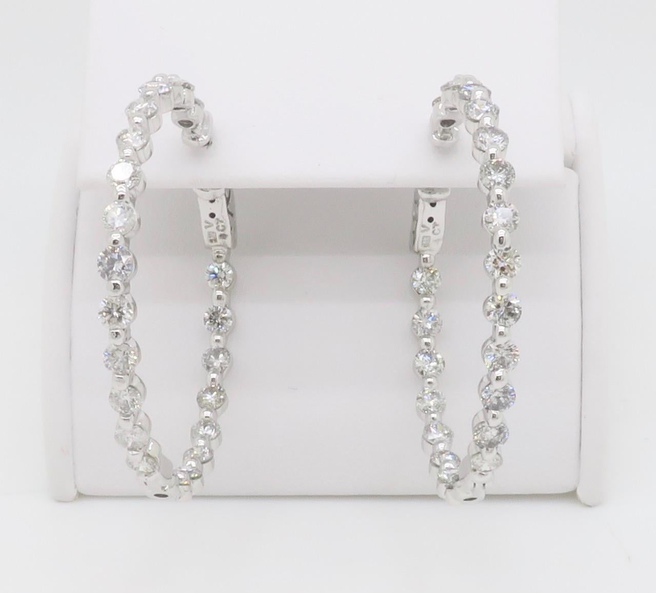 4.00CTW Inside Out Diamond Hoop Earrings in 14k White Gold For Sale 2