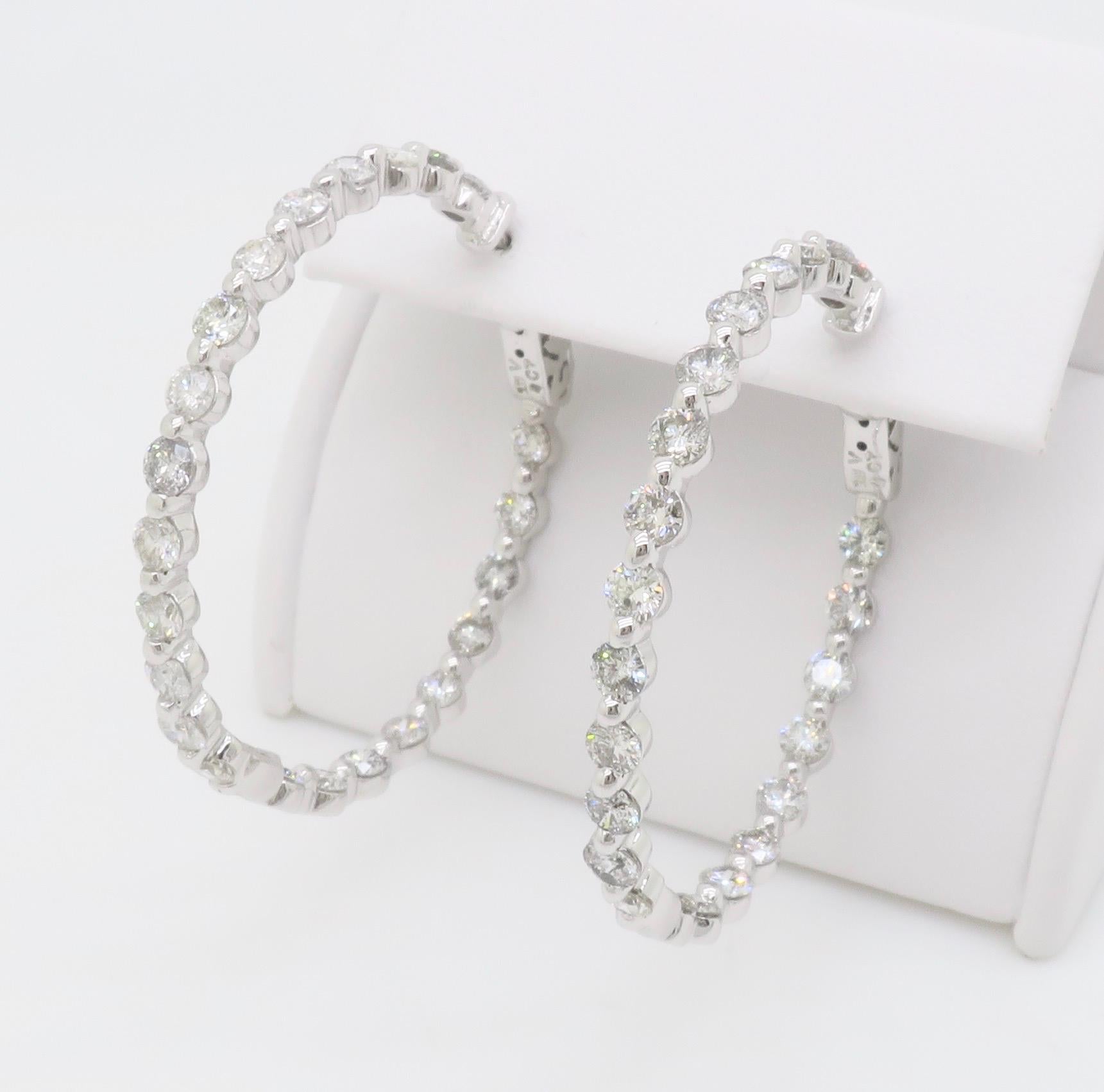 4.00CTW Inside Out Diamond Hoop Earrings in 14k White Gold For Sale 3