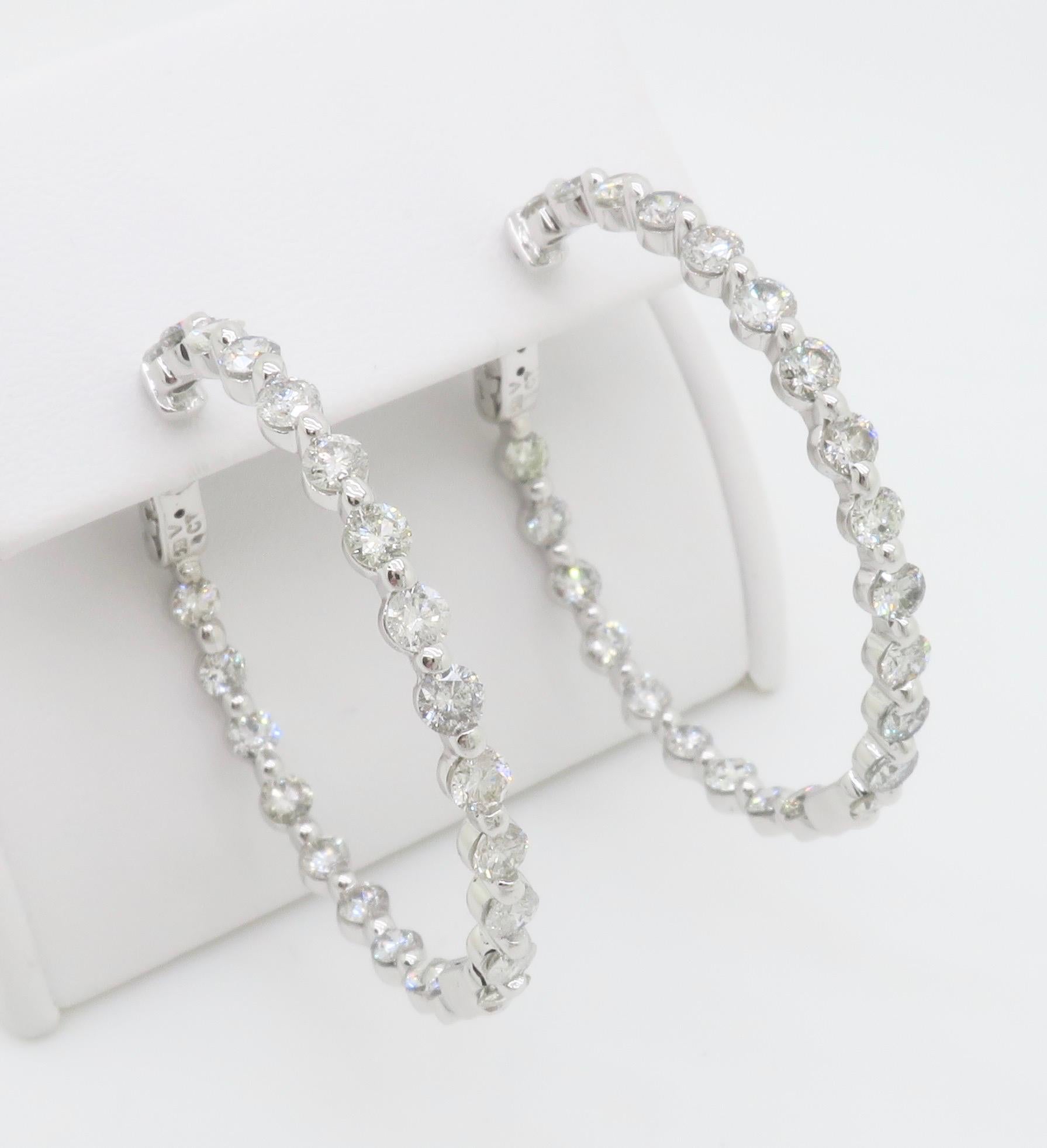 4.00CTW Inside Out Diamond Hoop Earrings in 14k White Gold For Sale 4