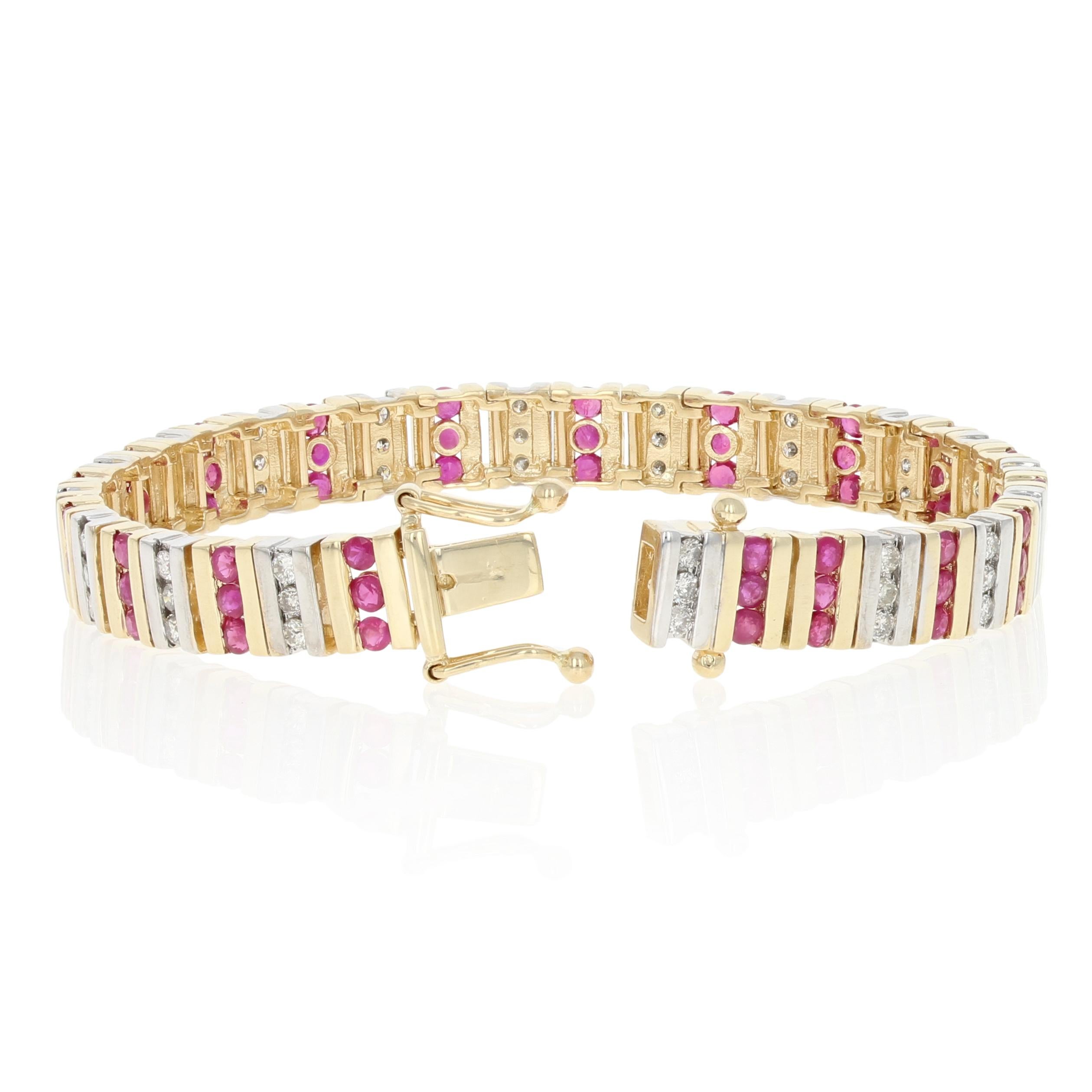 Surprise your July birthday girl with this gorgeous treasure! Created in 14k yellow and white gold, this link-style bracelet showcases raspberry red rubies and sparkling diamonds arranged in a playful stripe design.  

Metal Content: Guaranteed 14k