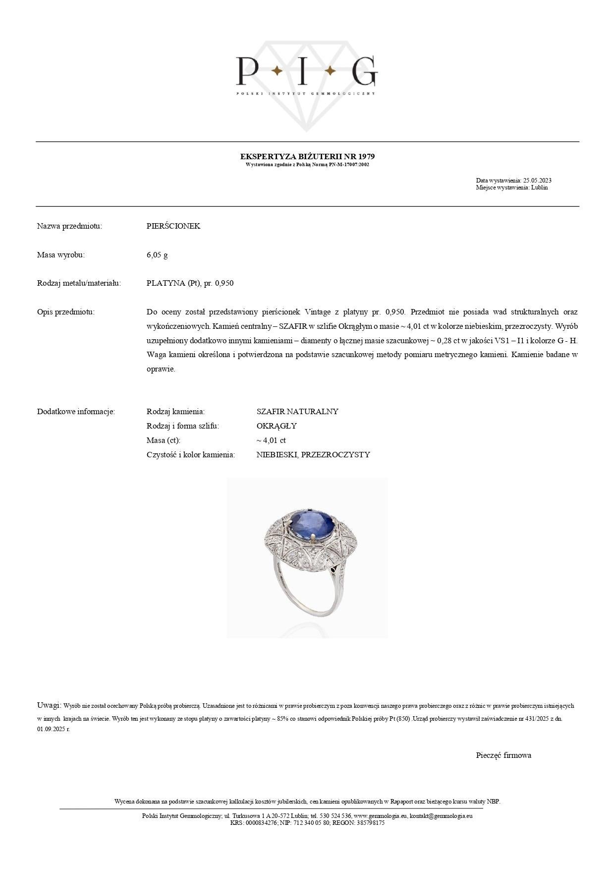 Taille brillant Bague en saphir bleu de 4,01 carats et diamant de 0,28 carat en platine en vente