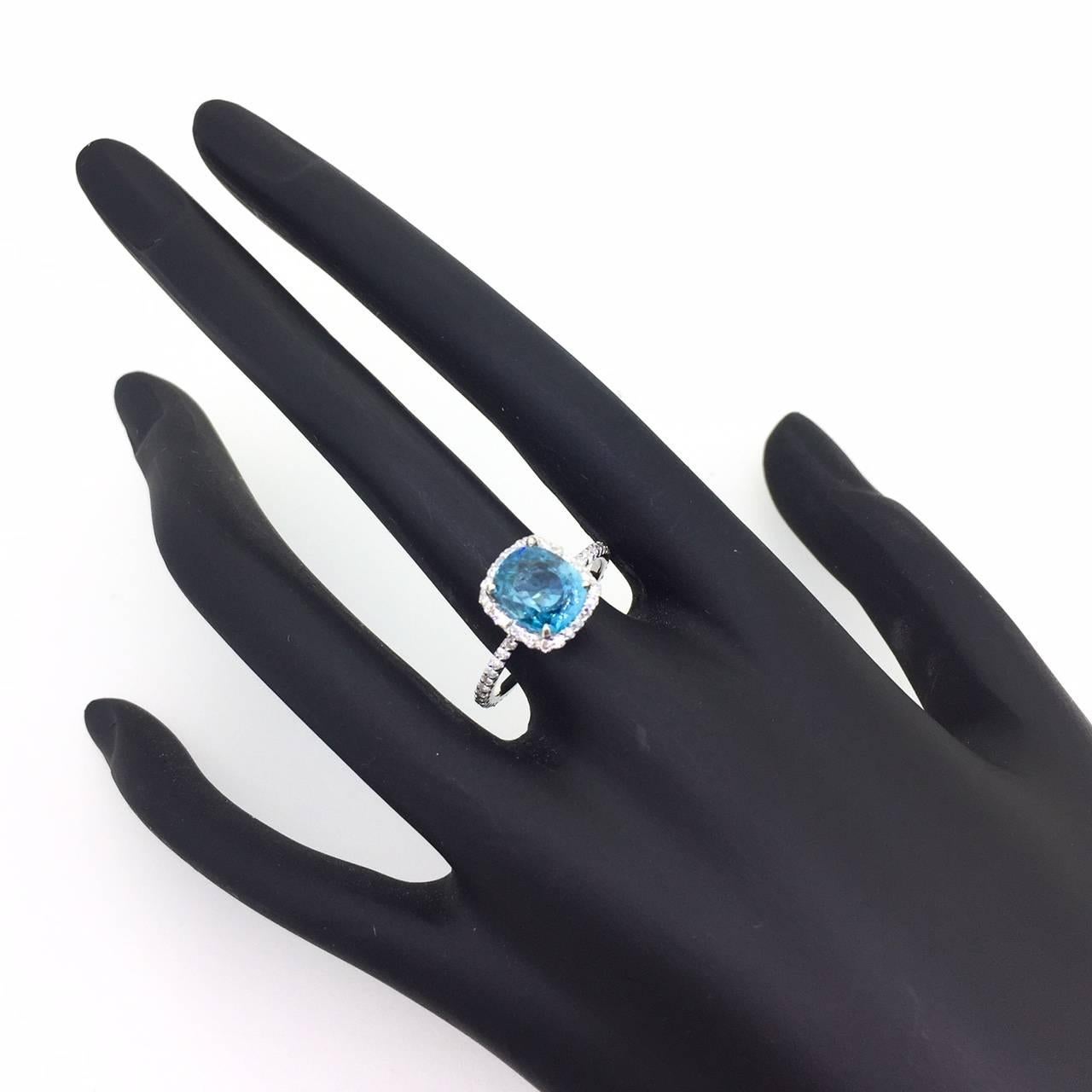 Cushion Cut 4.01 Carat Blue Zircon Diamond 14 Karat White Gold Bridal Ring For Sale