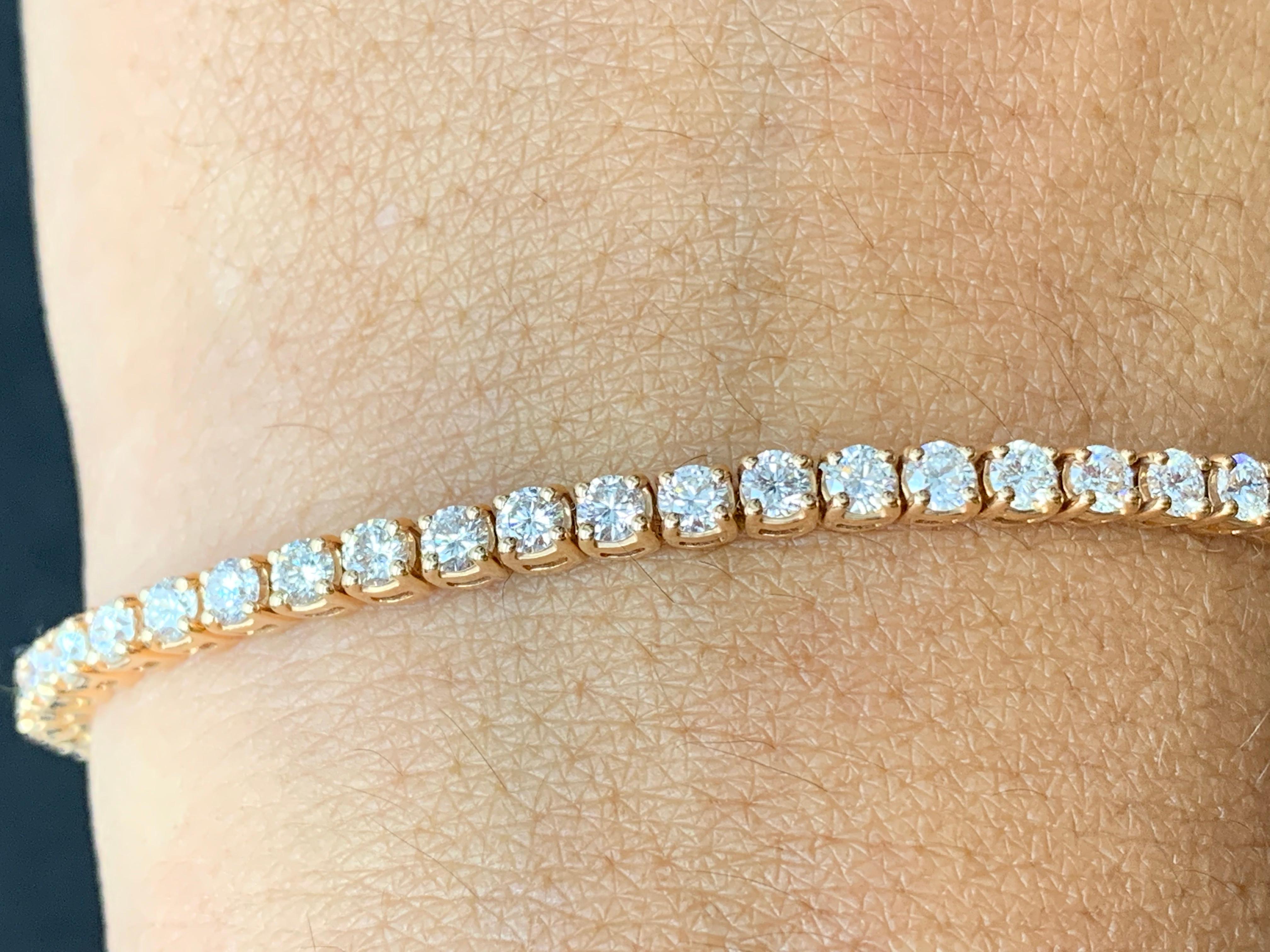 4.01 Carat Brilliant Cut Round Diamond Tennis Bracelet in 14K Rose Gold In New Condition For Sale In NEW YORK, NY