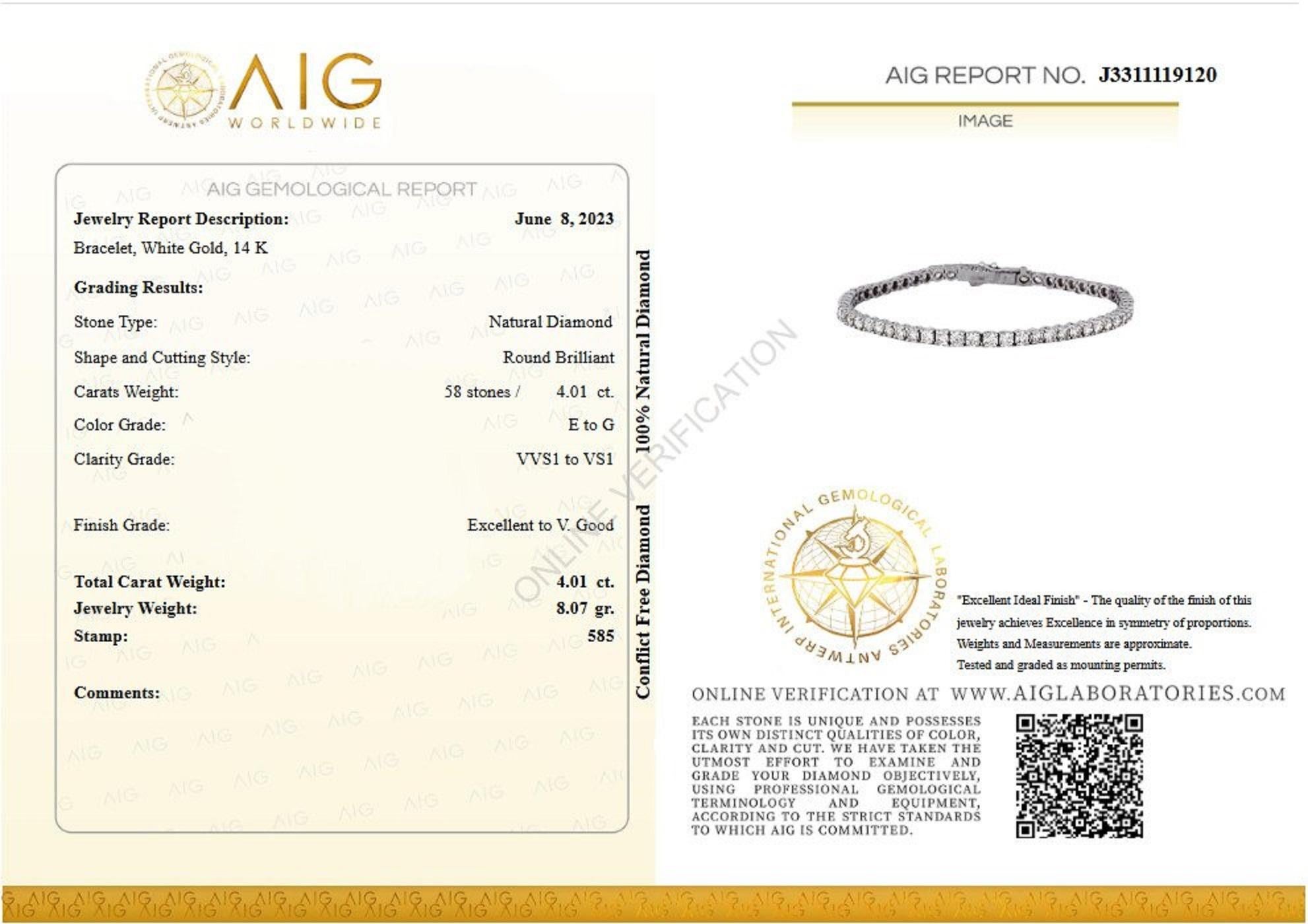 __________
Natural Diamonds
Cut: Round Brilliant
Carat: 4.01 cttw / 58 stones
Color: E to G
Clarity: VVS1 to VS1

Item ships from Israeli Diamonds Exchange, customers are responsible for any local customs or VAT fees that might apply to the