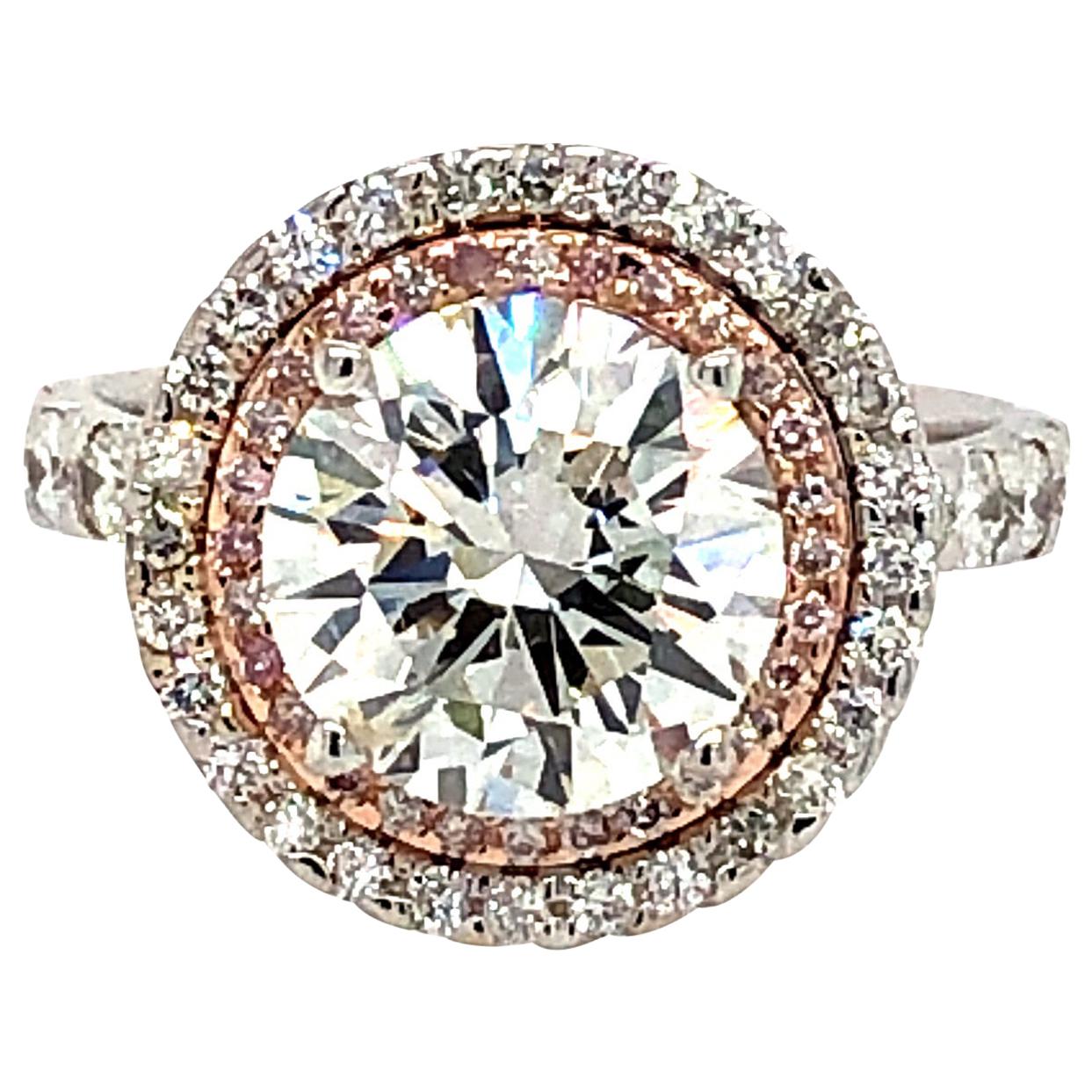 4.01 Carat Diamond with Pink Diamond Halo Engagement Ring 18 Karat Gold