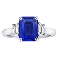 4.01 Carat Emerald Cut Blue Sapphire and Diamond Ring