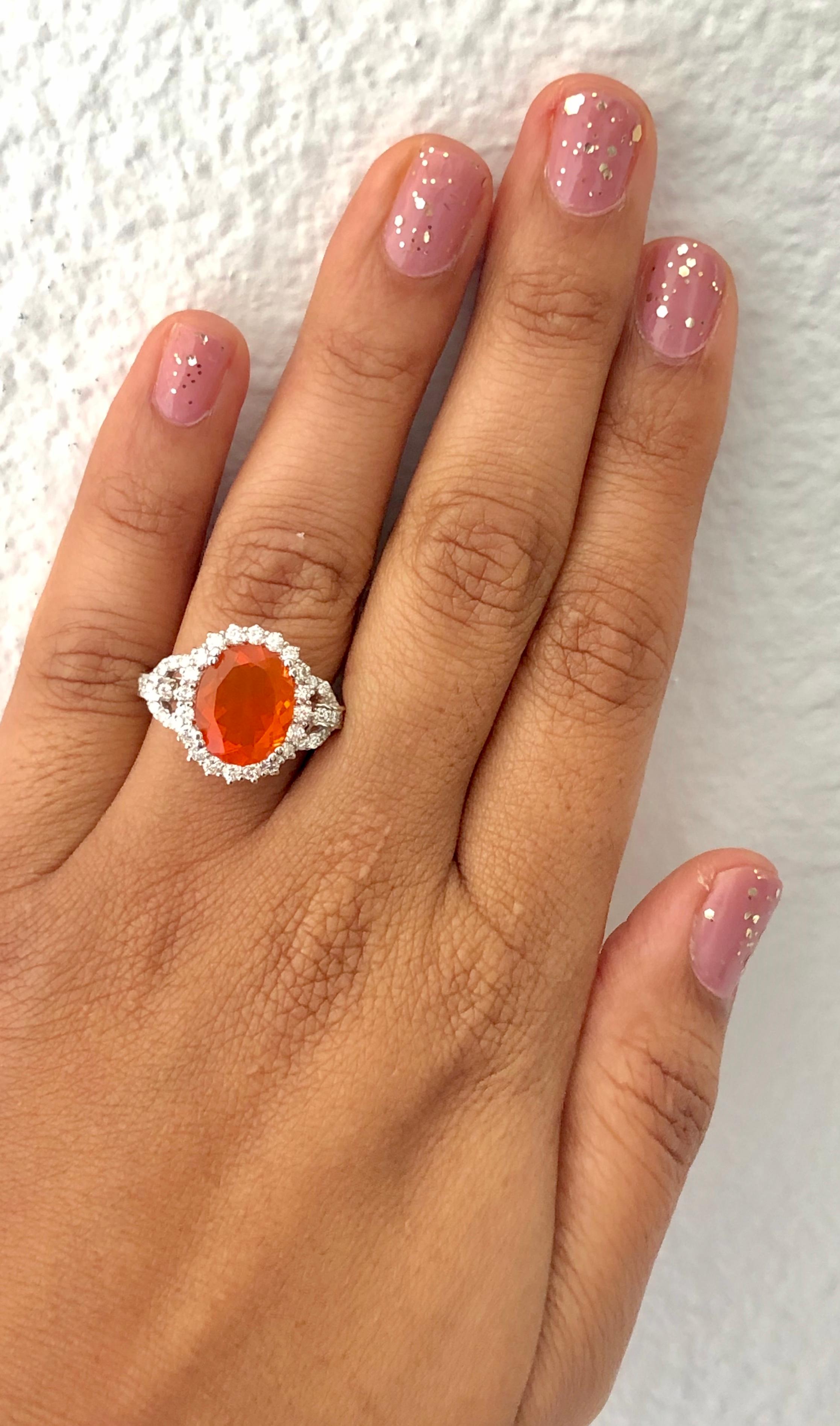 4.01 Carat Fire Opal Diamond 14 Karat White Gold Cocktail Ring In New Condition In Los Angeles, CA
