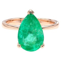 4.01 Carat Pear Cut Rich Green Emerald Solitaire 18K Rose Gold Ring