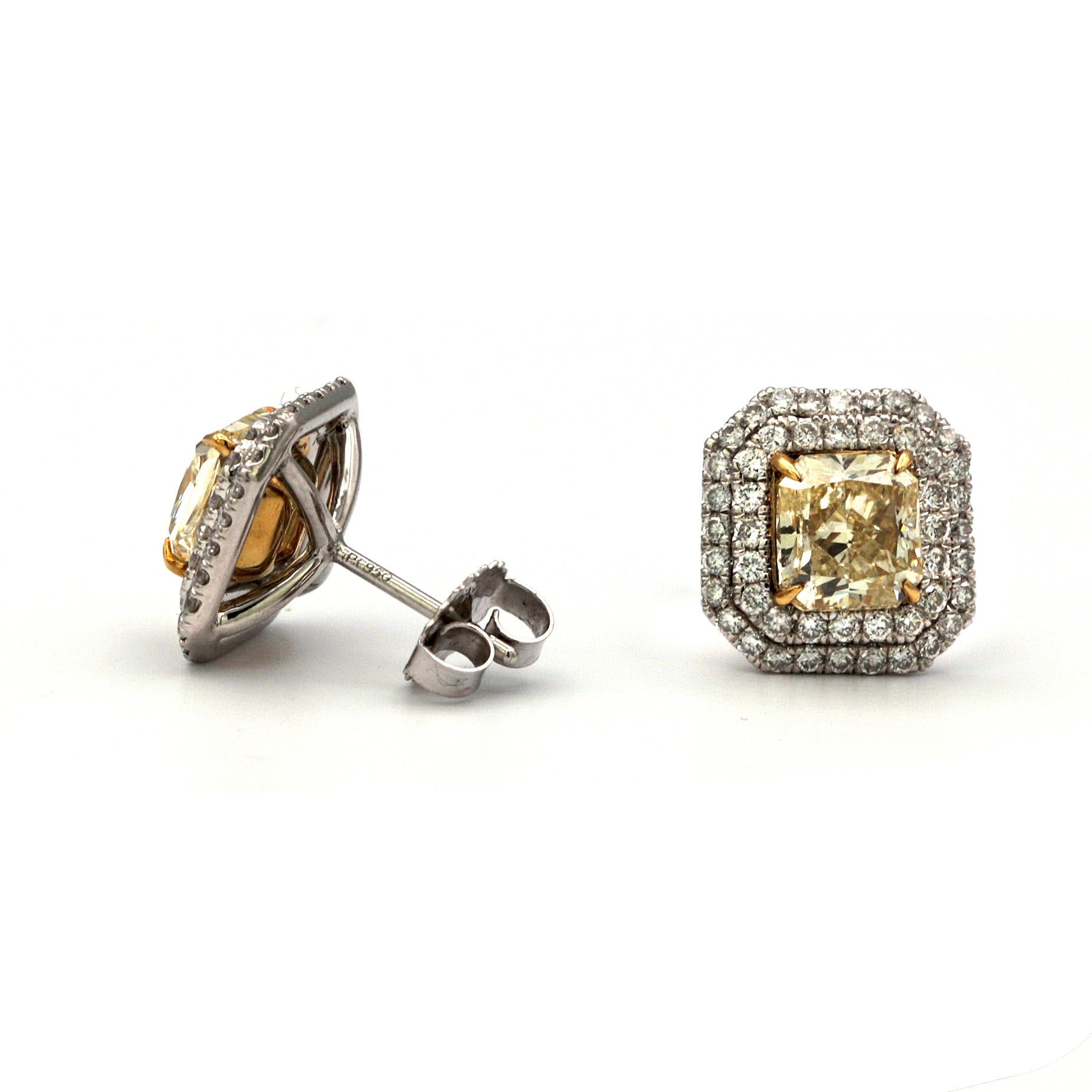 Modern 4.01 Carat Radiant Cut Natural Yellow Stud Earrings For Sale