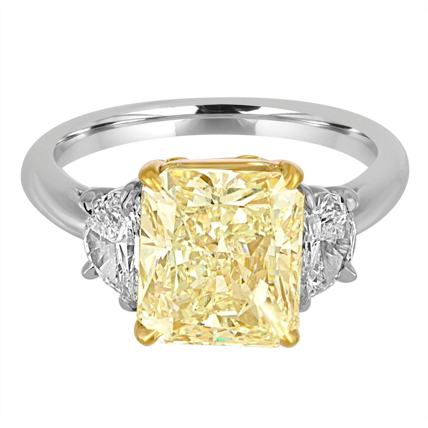 Contemporary 4.01 Carat Radiant Diamond Set with Half Moons in Gold and Platinum Mounting