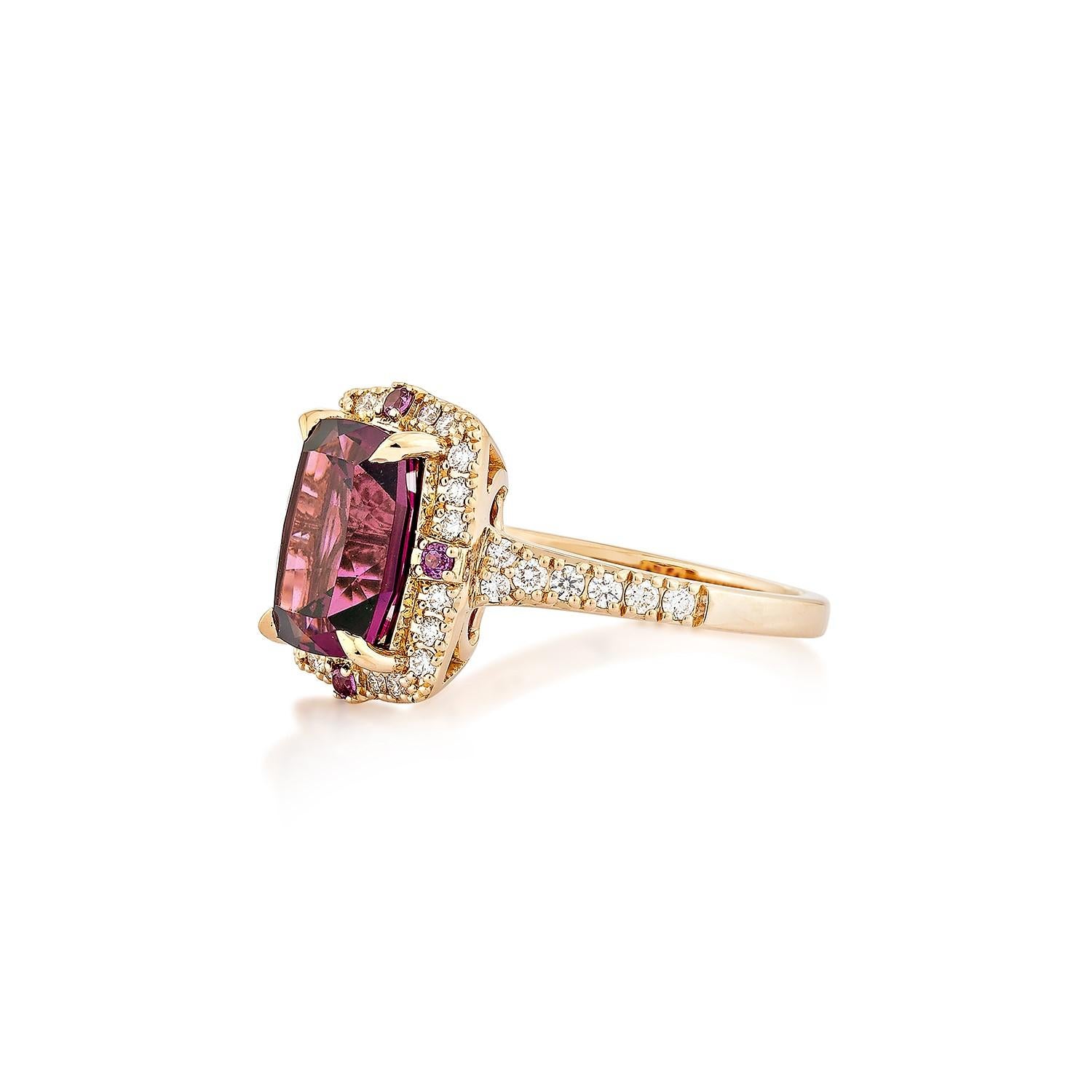 Cushion Cut Sunita Nahata Rhodolite 4.01ct. Fancy Ring in 18KRG with White Diamond. For Sale