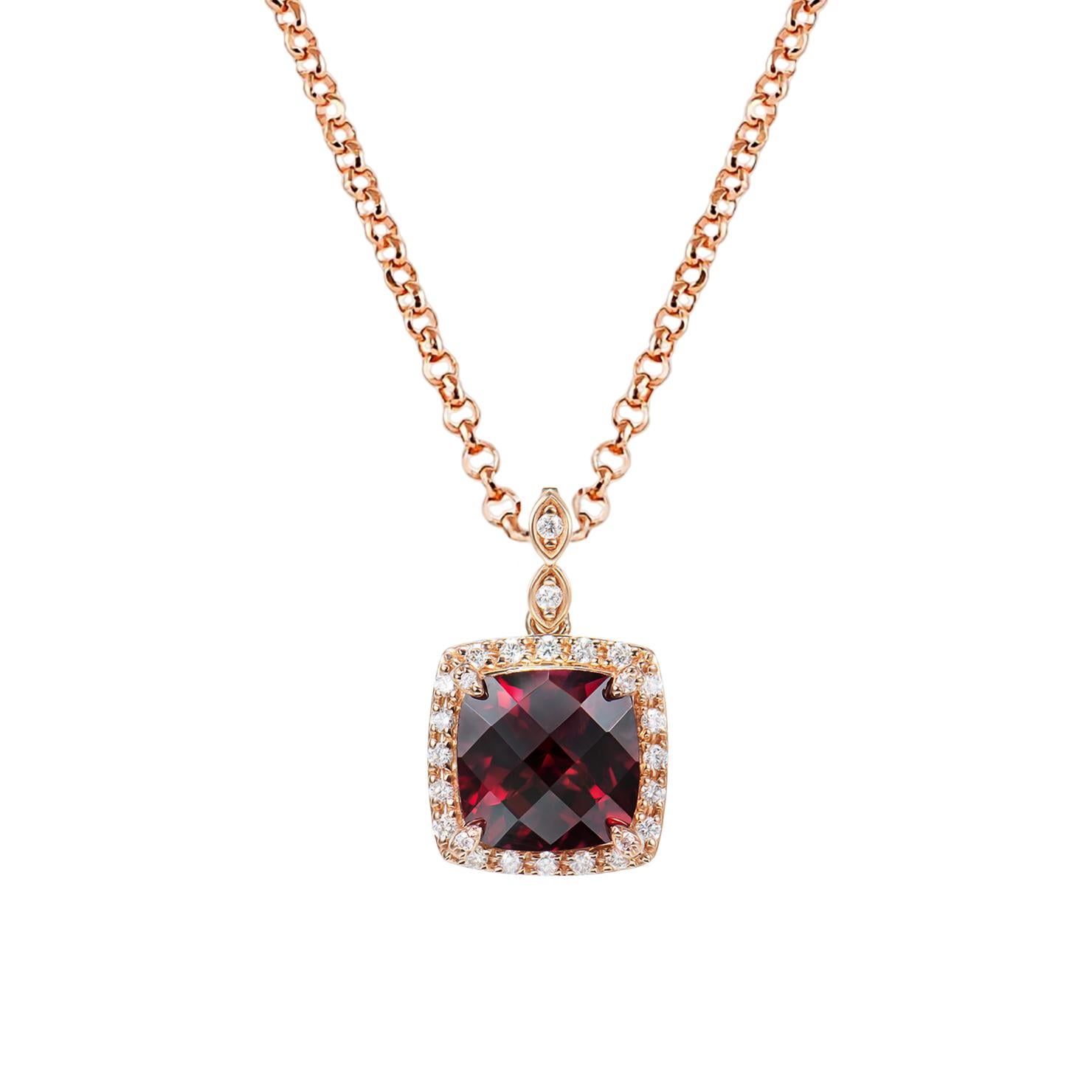 Cushion Cut 4.01 Carat Rhodolite Pendant in 18 Karat Rose Gold with White Diamond For Sale