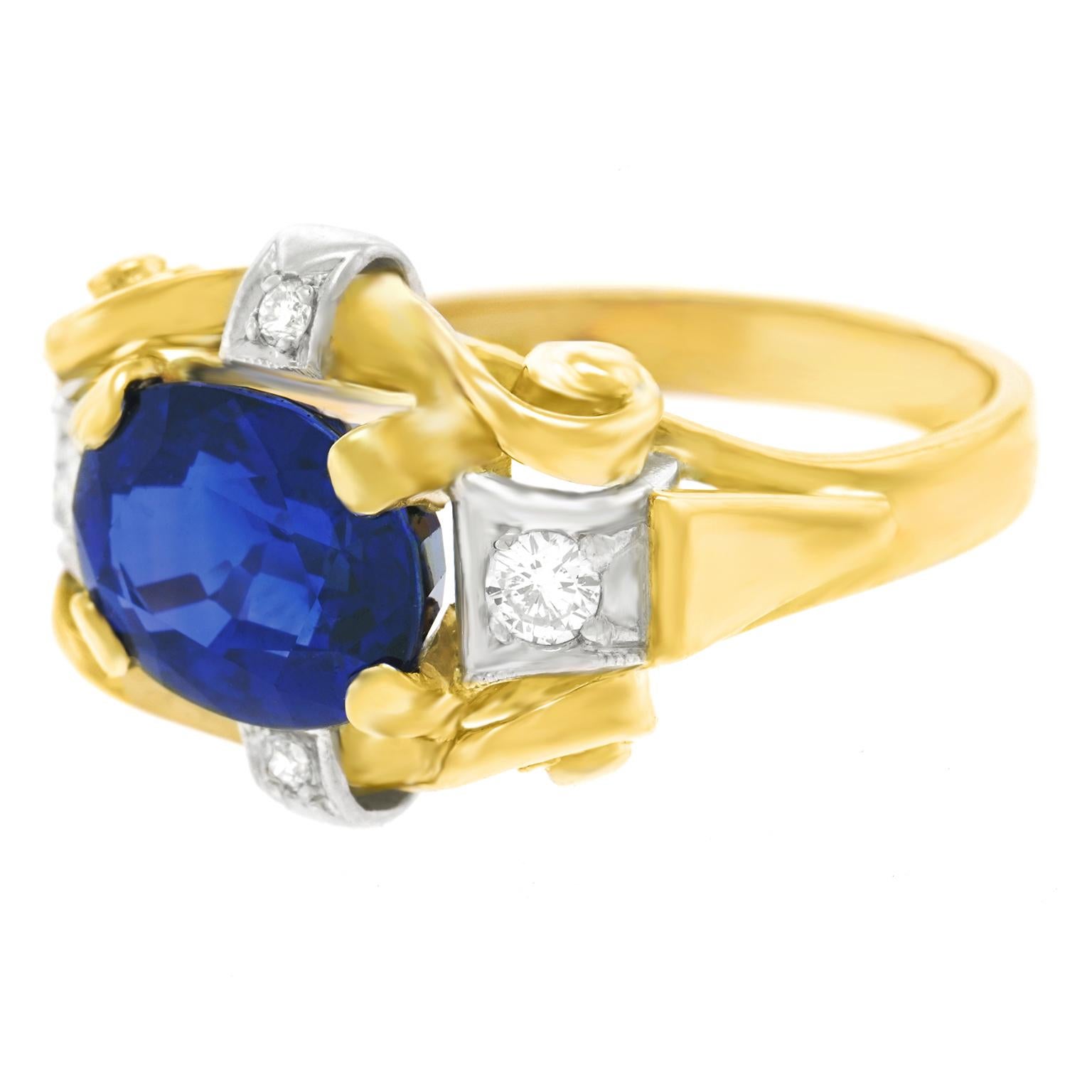 Brilliant Cut 4.01 Carat Sapphire and Diamond Art Deco Ring