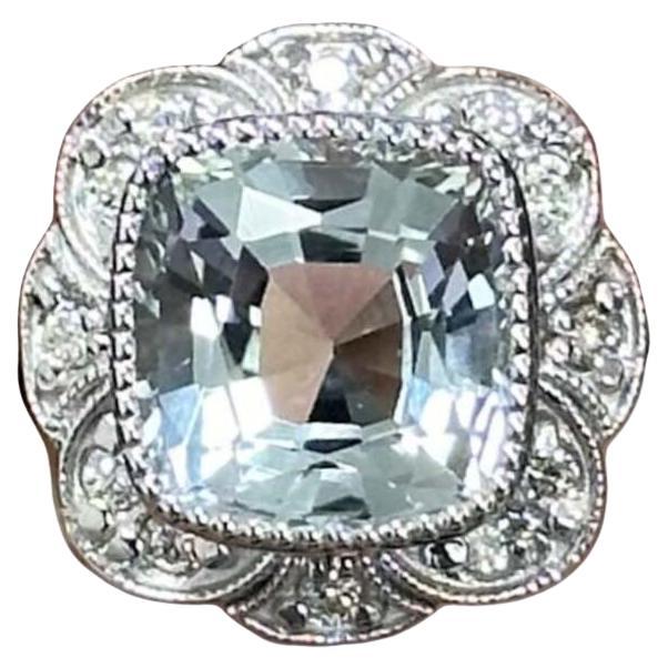 4.01 Carat square cushion Aquamarine & Diamond Ring in 18K White Gold