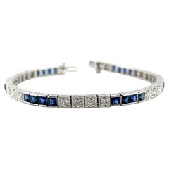 4.01 Carat Total Princess Cut Blue Sapphire and Round Diamond Tennis Bracelet