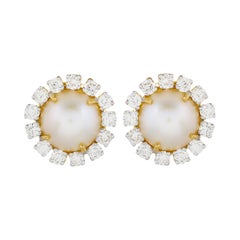 Clous d'oreilles en or jaune 18 carats avec perles blanches de 4,01 carats et diamants