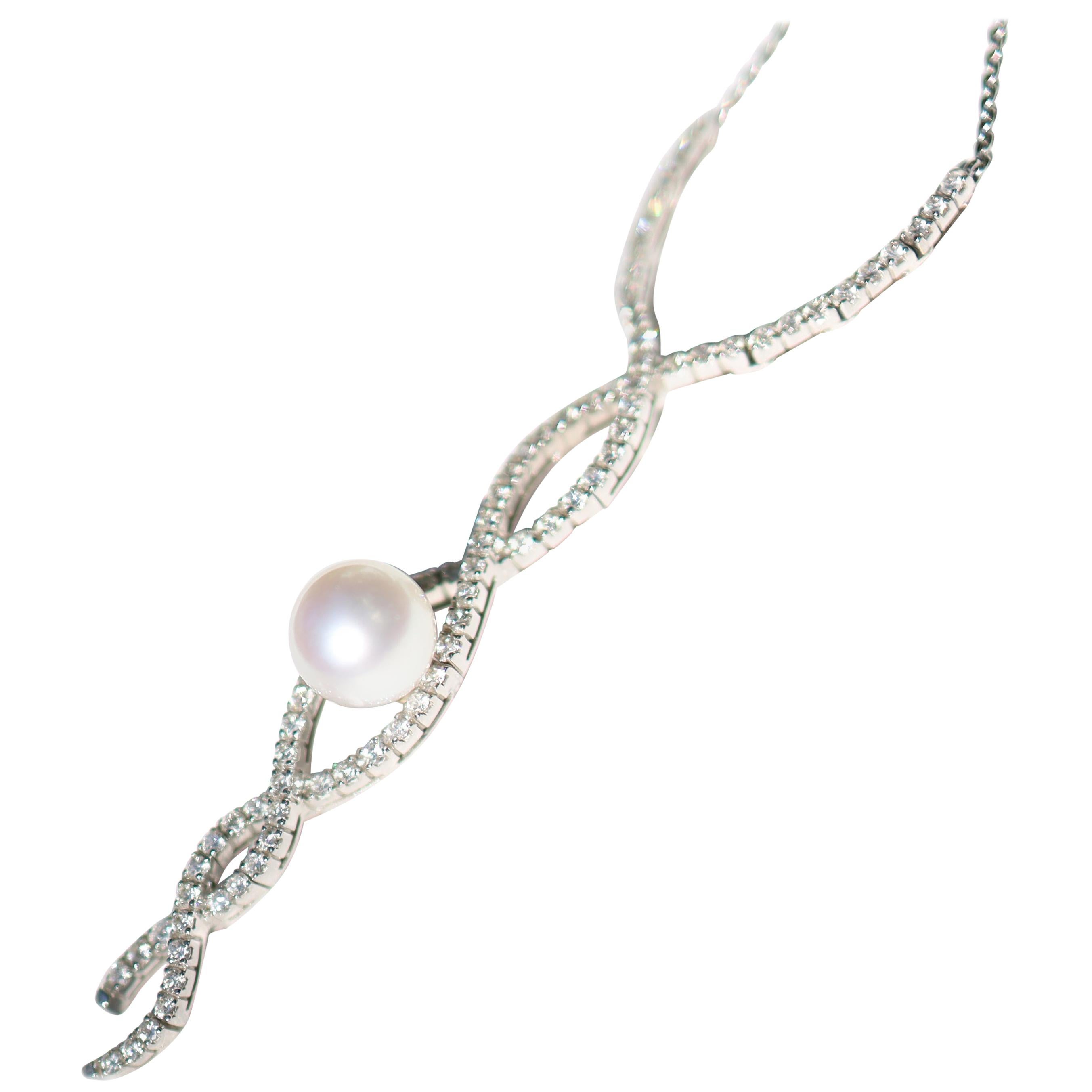 4.01 Karat Diamond 18 Karat White Gold Pearl Necklace For Sale