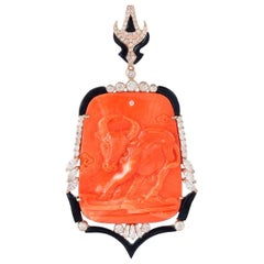 40.11 Carat Carved Coral Onyx Diamond 18 Karat Gold Pendant Necklace