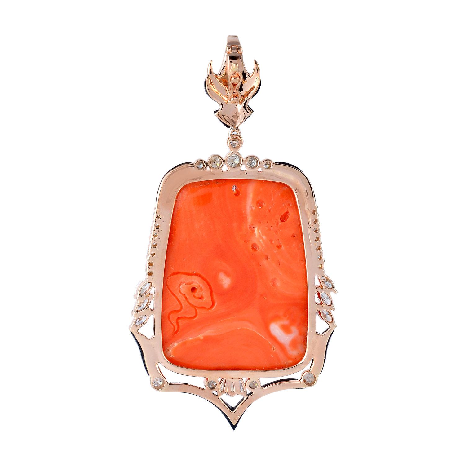 Artisan 40.11 Carat Carved Coral Onyx Diamond 18 Karat Gold Pendant Necklace For Sale