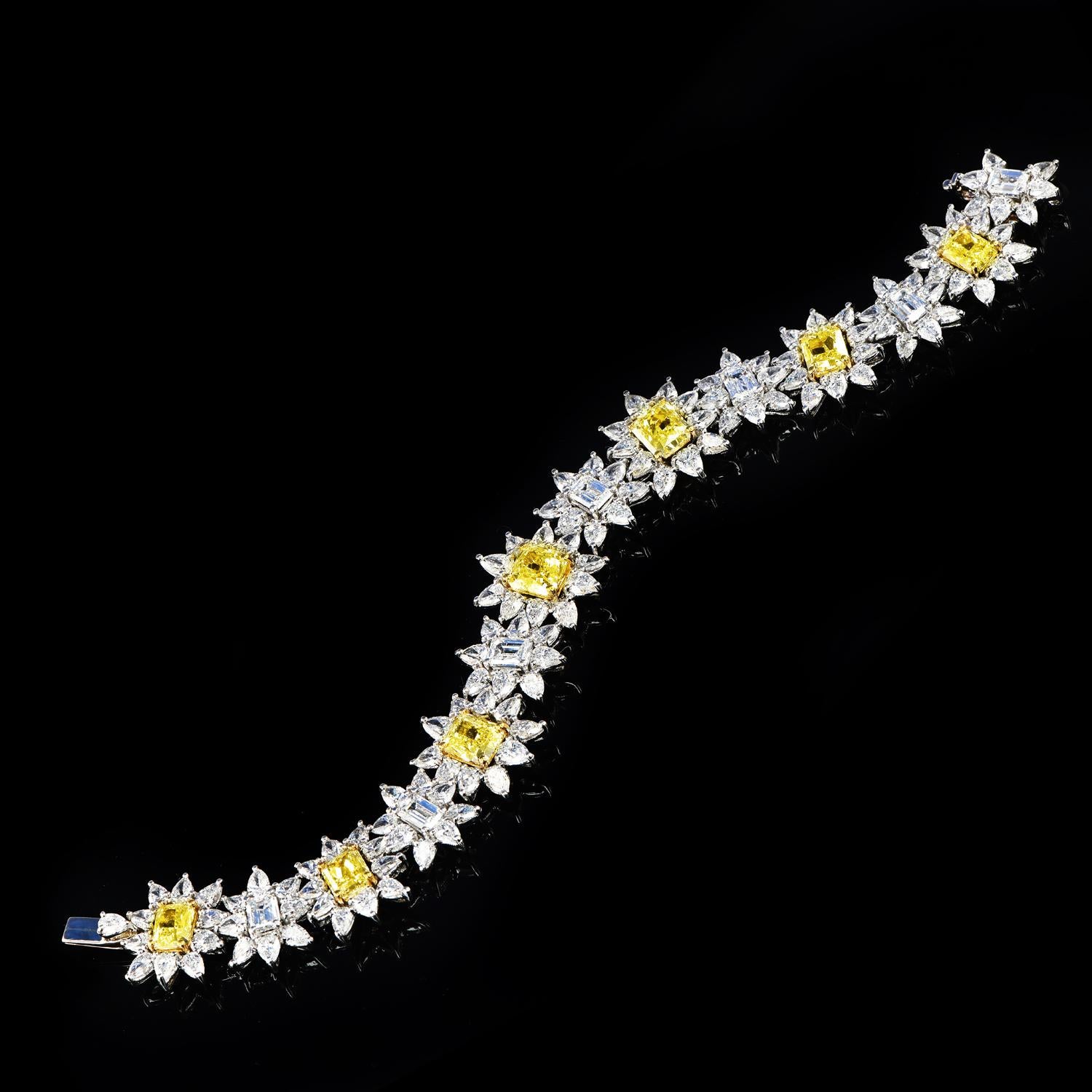 Cushion Cut 40.16cts GIA Fancy Yellow Diamond Platinum & 18K Gold Sun Flower Link Bracelet