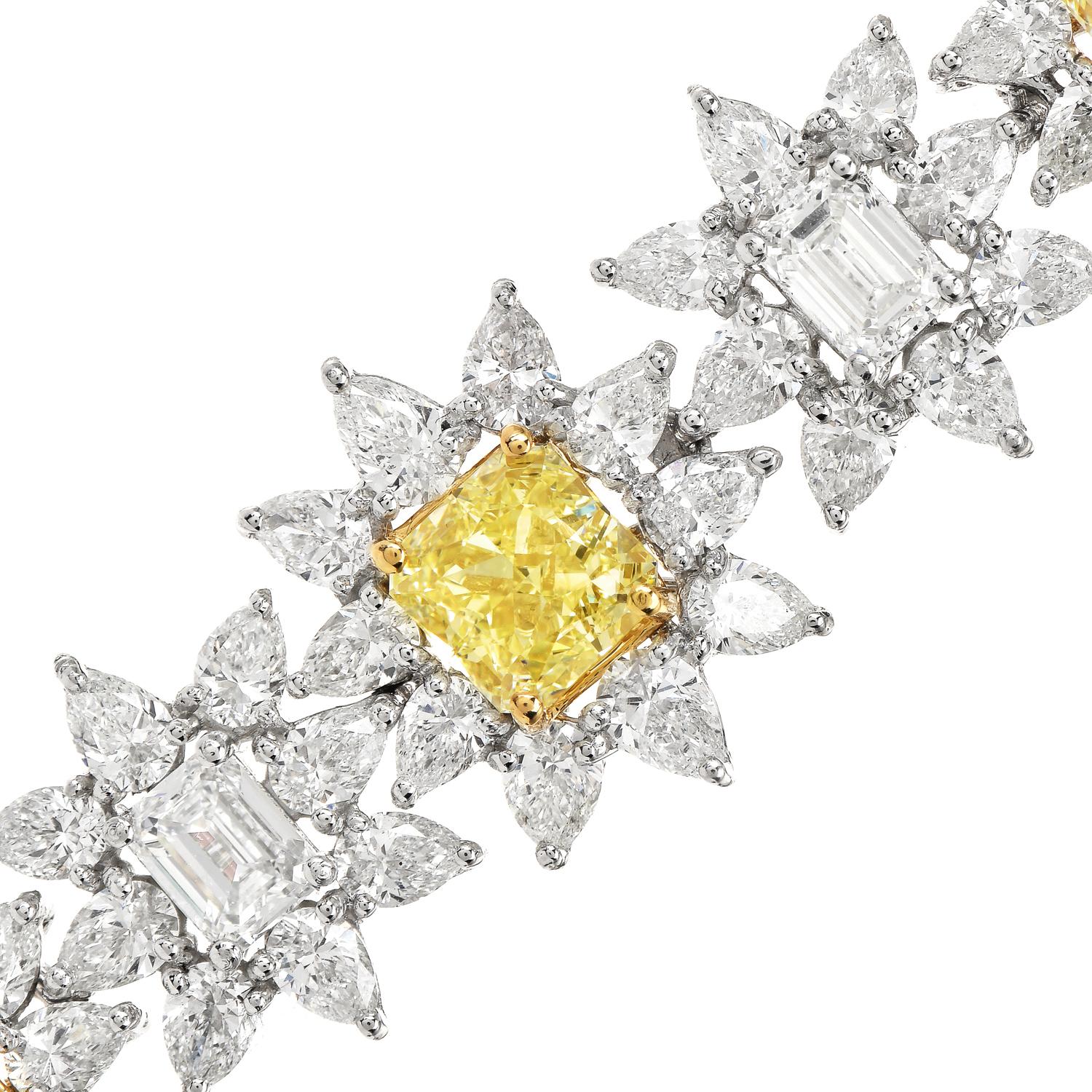 40.16cts GIA Fancy Yellow Diamond Platinum & 18K Gold Sun Flower Link Bracelet In Excellent Condition In Miami, FL