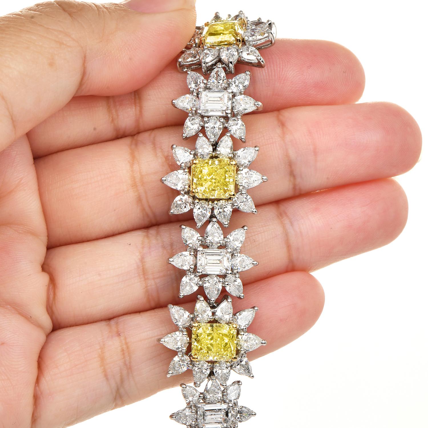  40.16cts GIA Fancy Yellow Diamond Platinum & 18K Gold Sun Flower Link Bracelet Pour femmes 