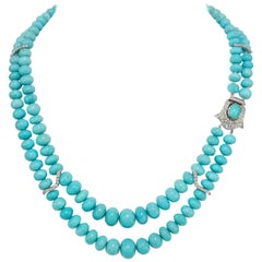 401.70 Carat Rondelle Sleeping Beauty Turquoise and Diamond Double Strand Plat