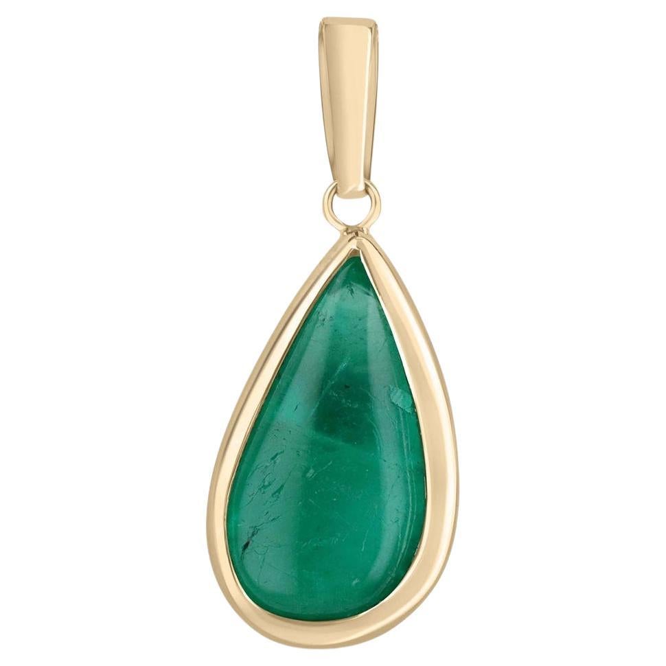 4.01ct 14K Colombian Pear Cabochon Emerald Pendant Necklace 585 Gold Bezel Set