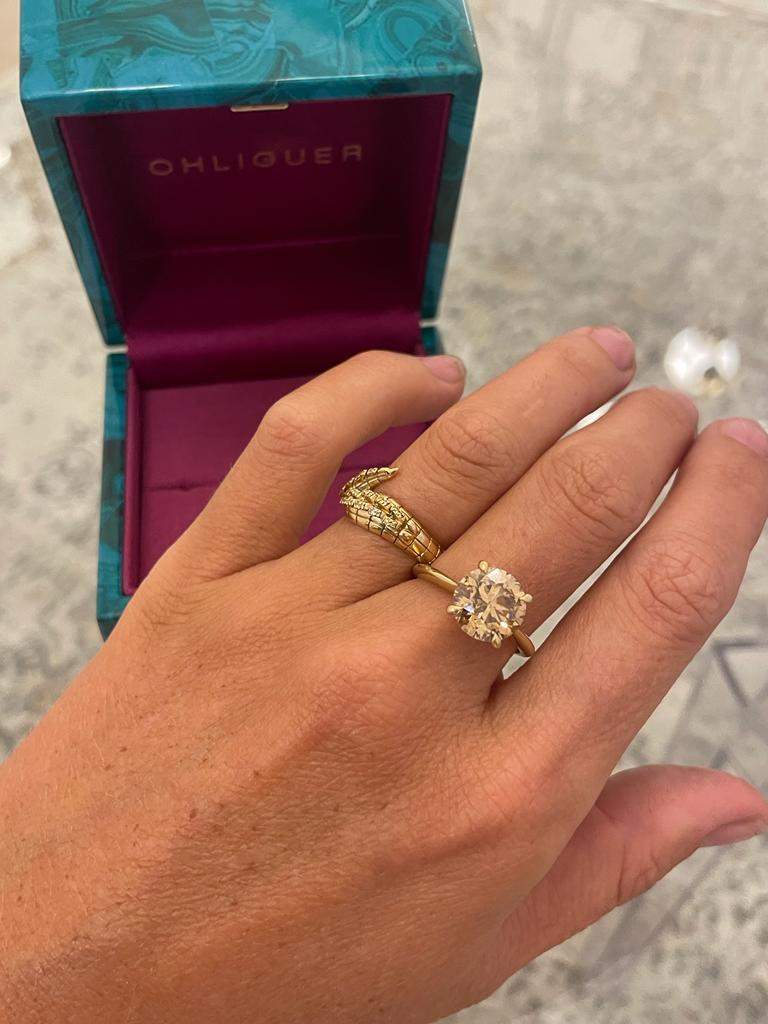4.01 Carat Champagne Cognac Diamond Solitaire Ring 18 Carat Yellow Gold In Excellent Condition In Brisbane, AU