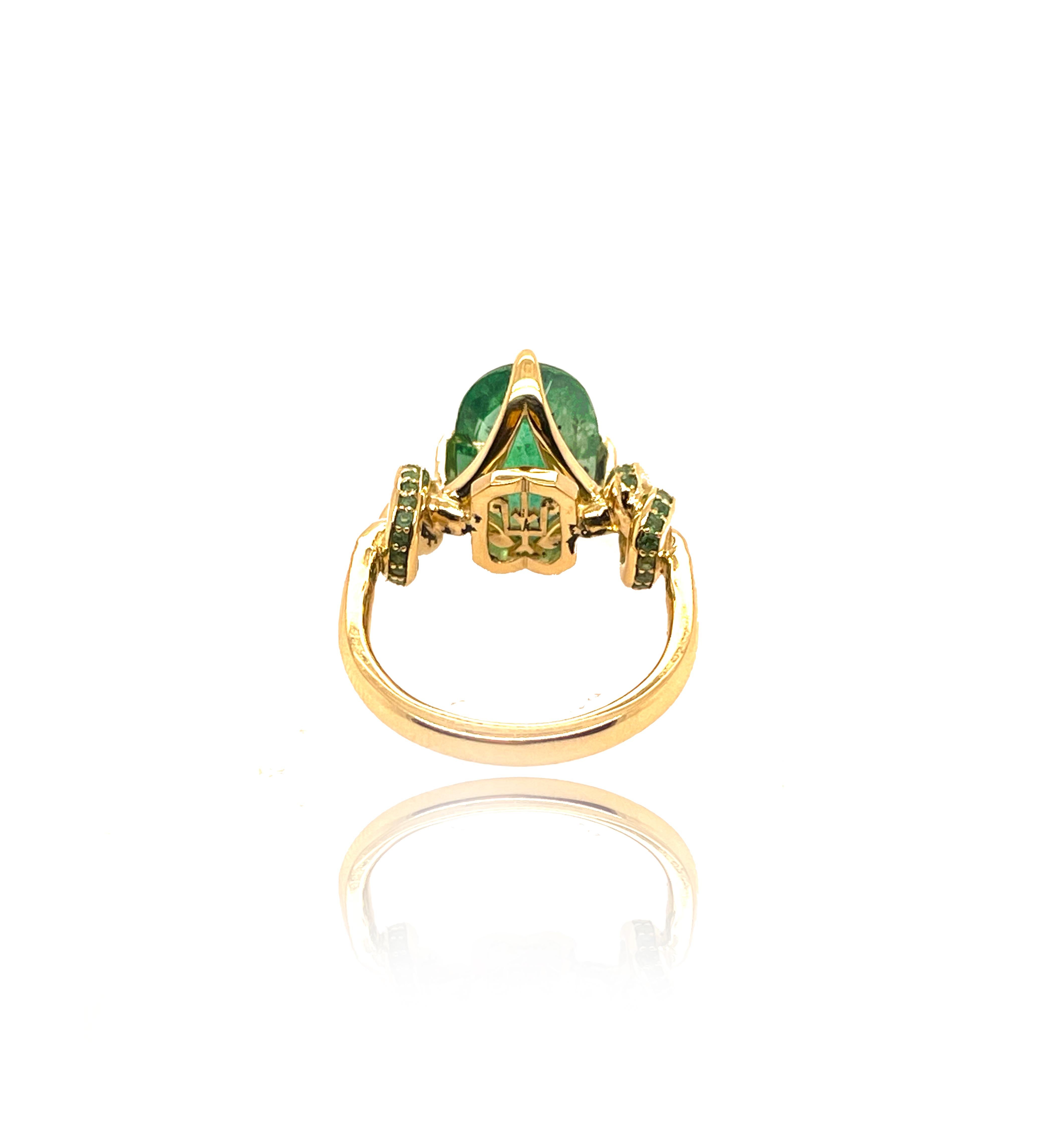 Emerald Cut 4.01ct Emerald Oval Cut Forget Me Knot Ring in 18Carat Yellow Gold with Emeralds For Sale