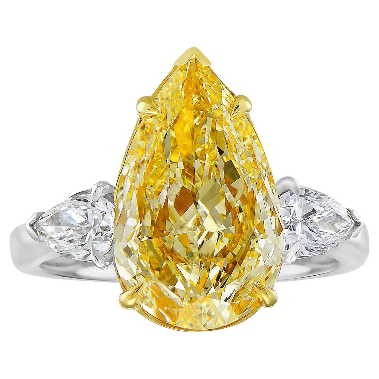 4.01ct Light Yellow Pear VVS1 GIA Three Stone Ring