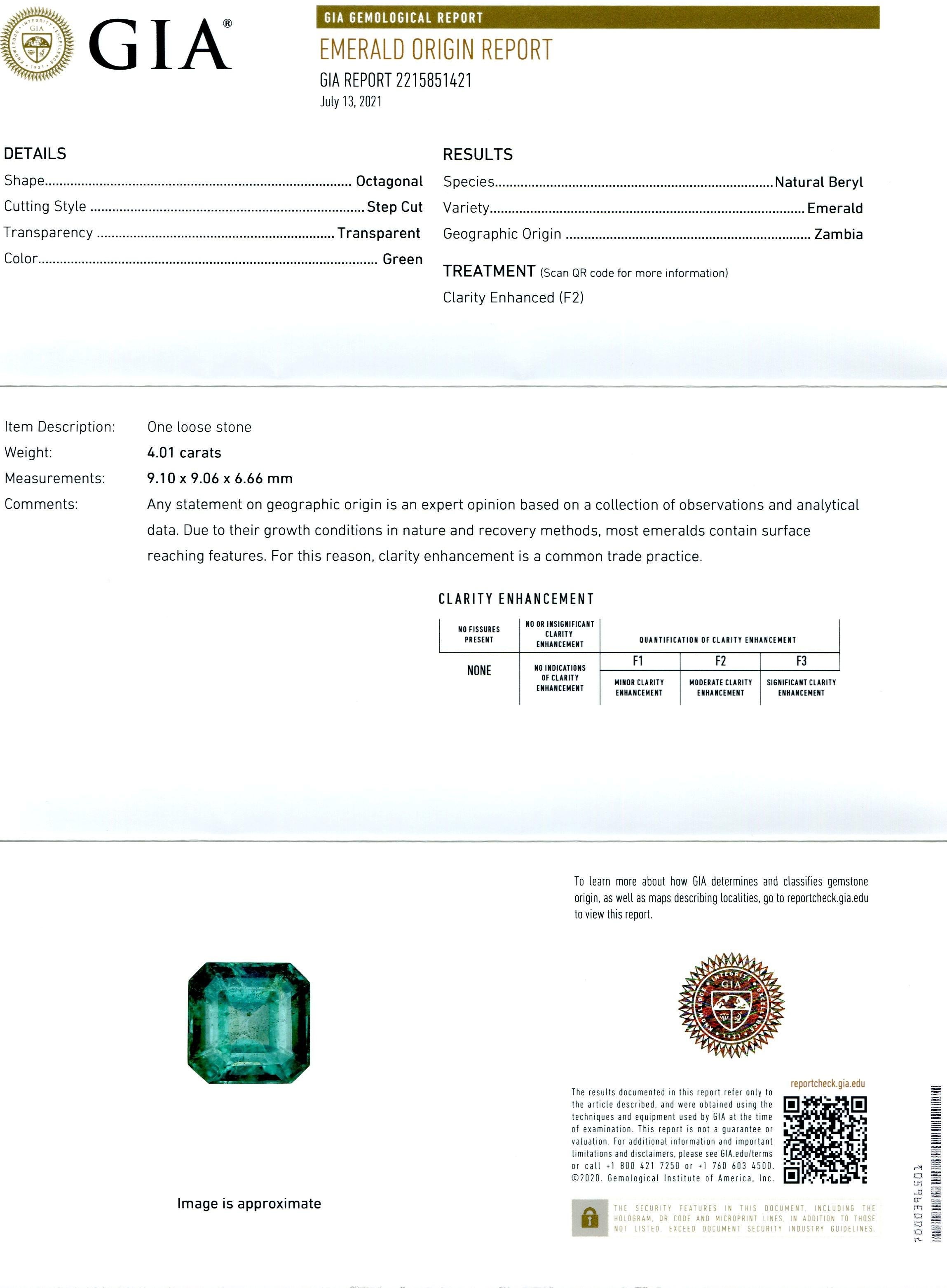 4.01ct Octagonal/Emerald Cut Green Emerald GIA Certified Zambia In New Condition For Sale In Toronto, Ontario