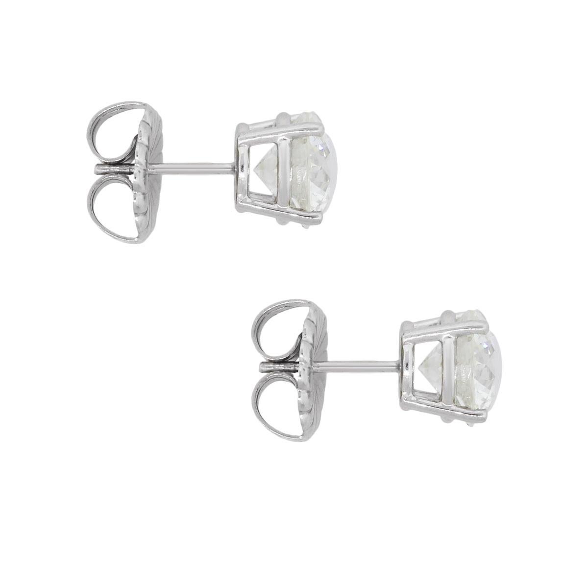 Material: 14k white gold
Diamond Details: Approximately 4.01ctw of round brilliant diamonds. Diamonds are I/J in color and I1 in clarity.
Earring Measurements: 0.62″ x 0.31″ x 0.31″
Earring Backs: Post friction
Total Weight: 3.1.g (2dwt)
Additional