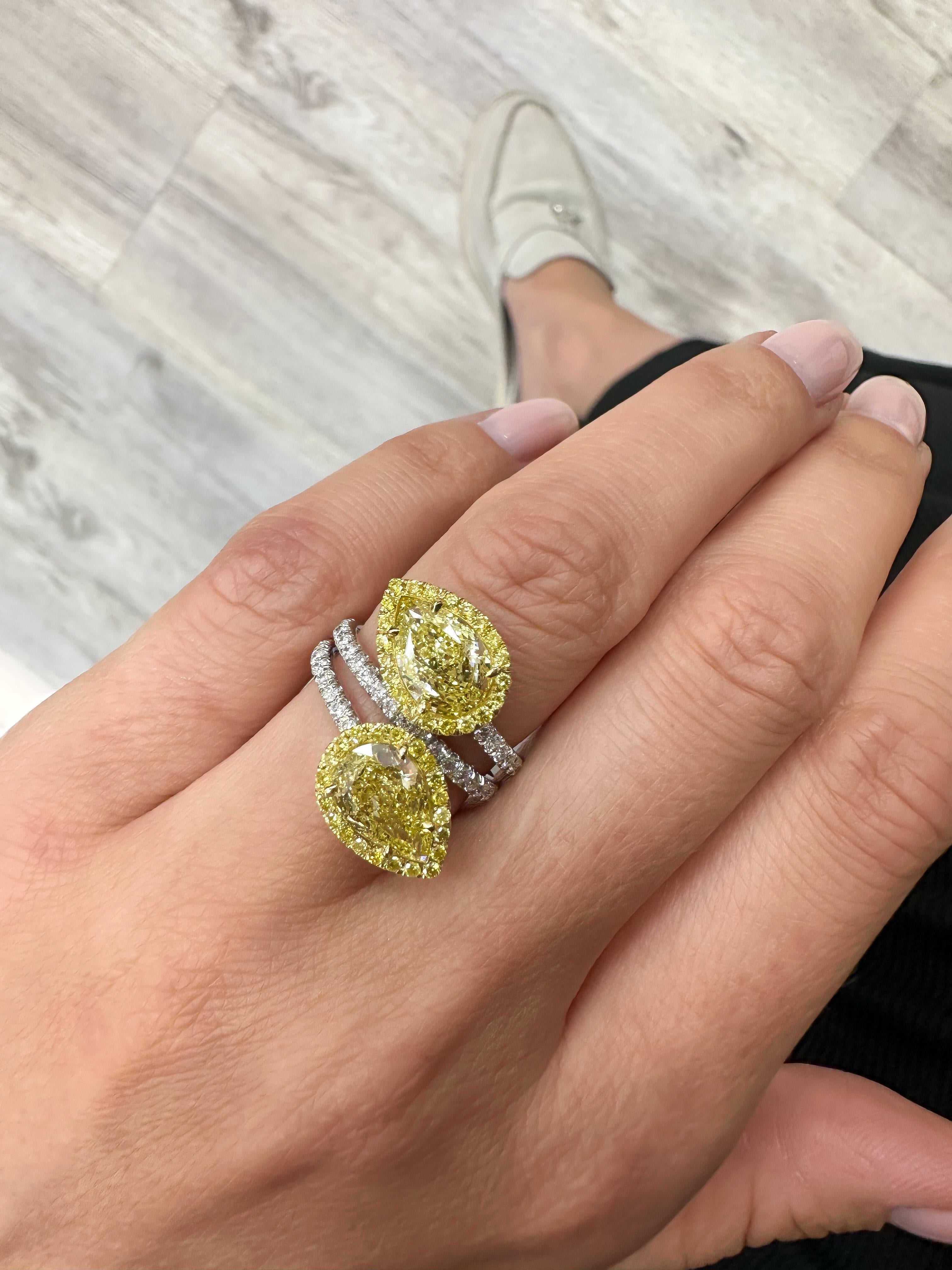4.01cttw Fancy Yellow Intense Two Stone Pear Cut Diamond Ring GIA Certified 5