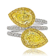 4.01cttw Fancy Yellow Intense Two Stone Pear Cut Diamond Ring GIA Certified
