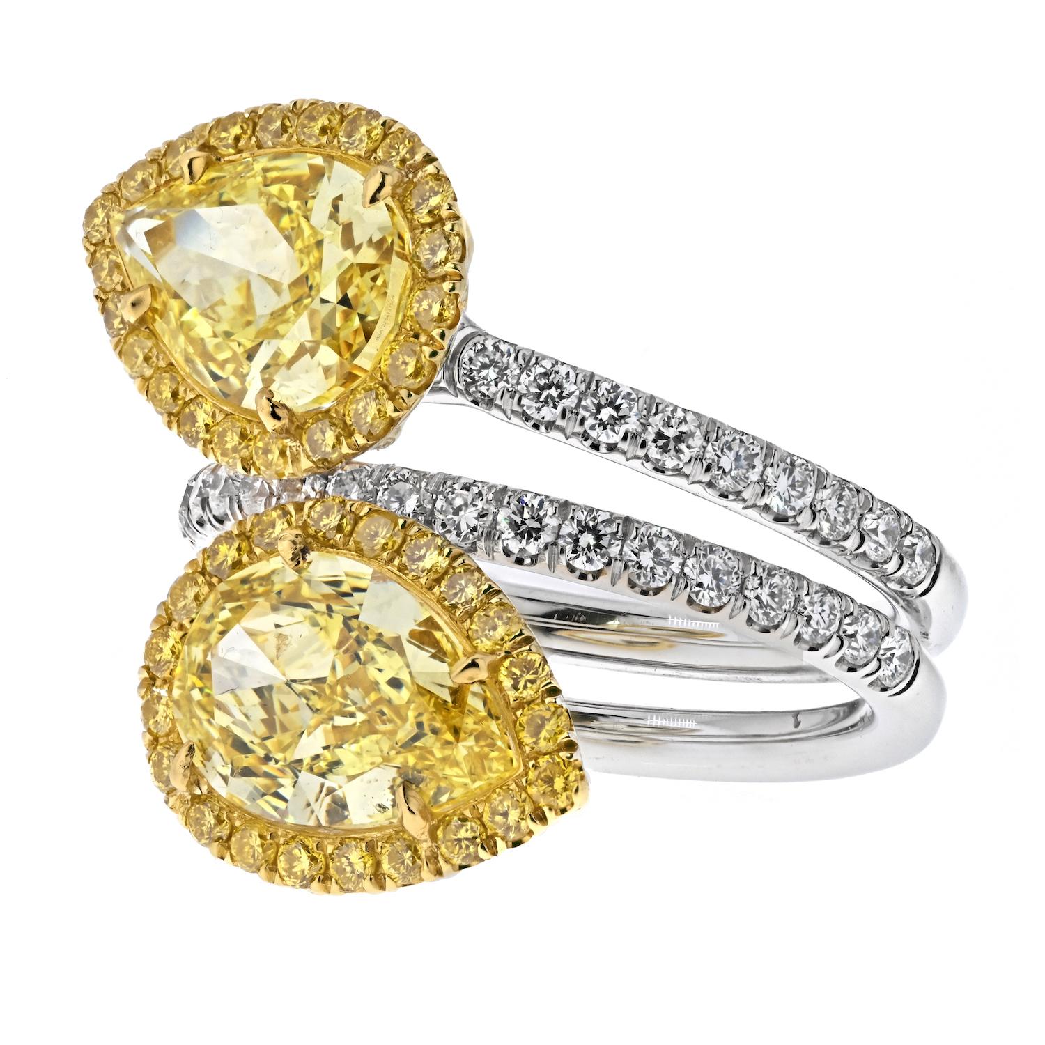 Modern 4.01cttw Fancy Yellow Intense Two Stone Pear Cut Diamond Ring GIA Certified